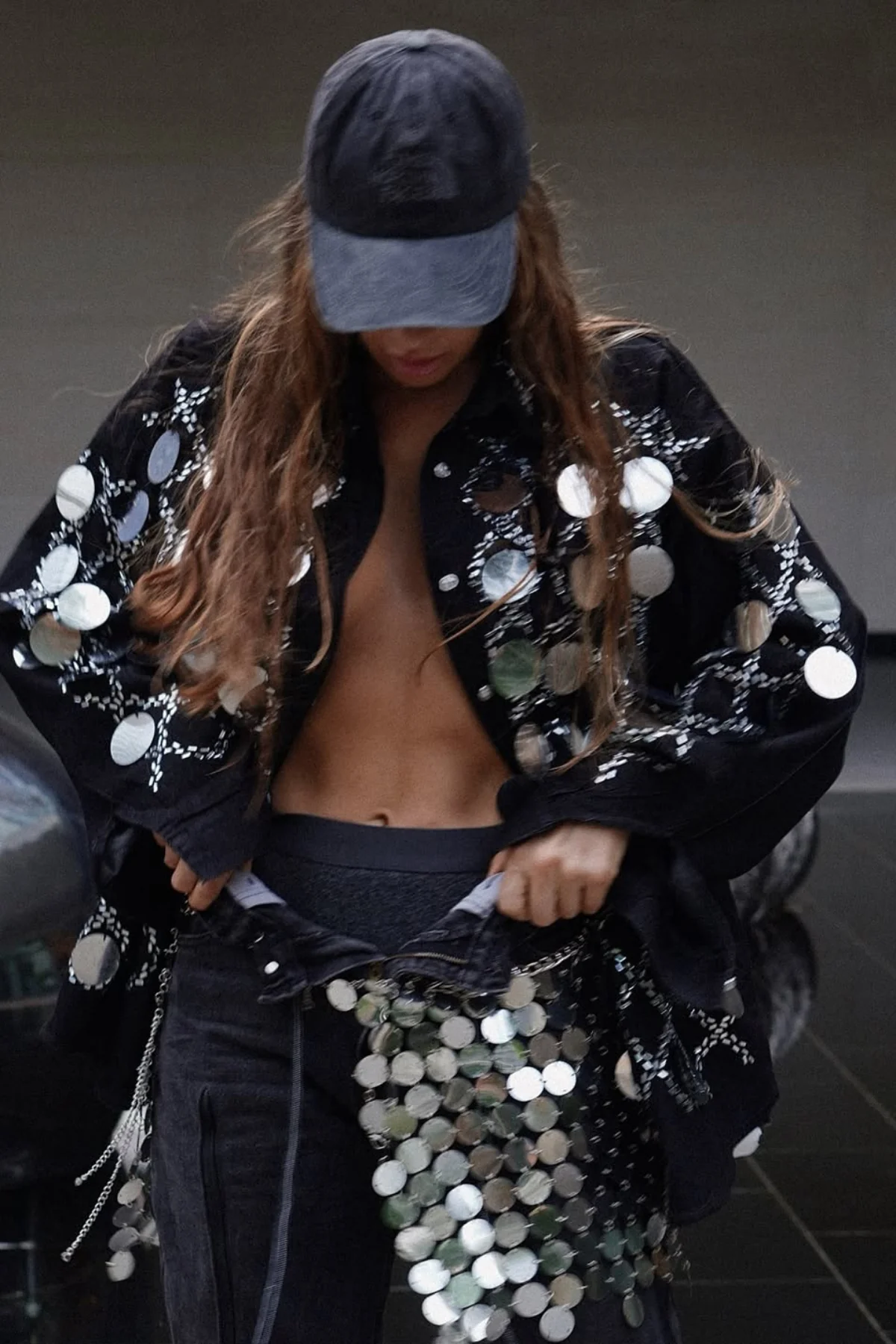 Sequin Grid Rhinestone Denim Pants Set