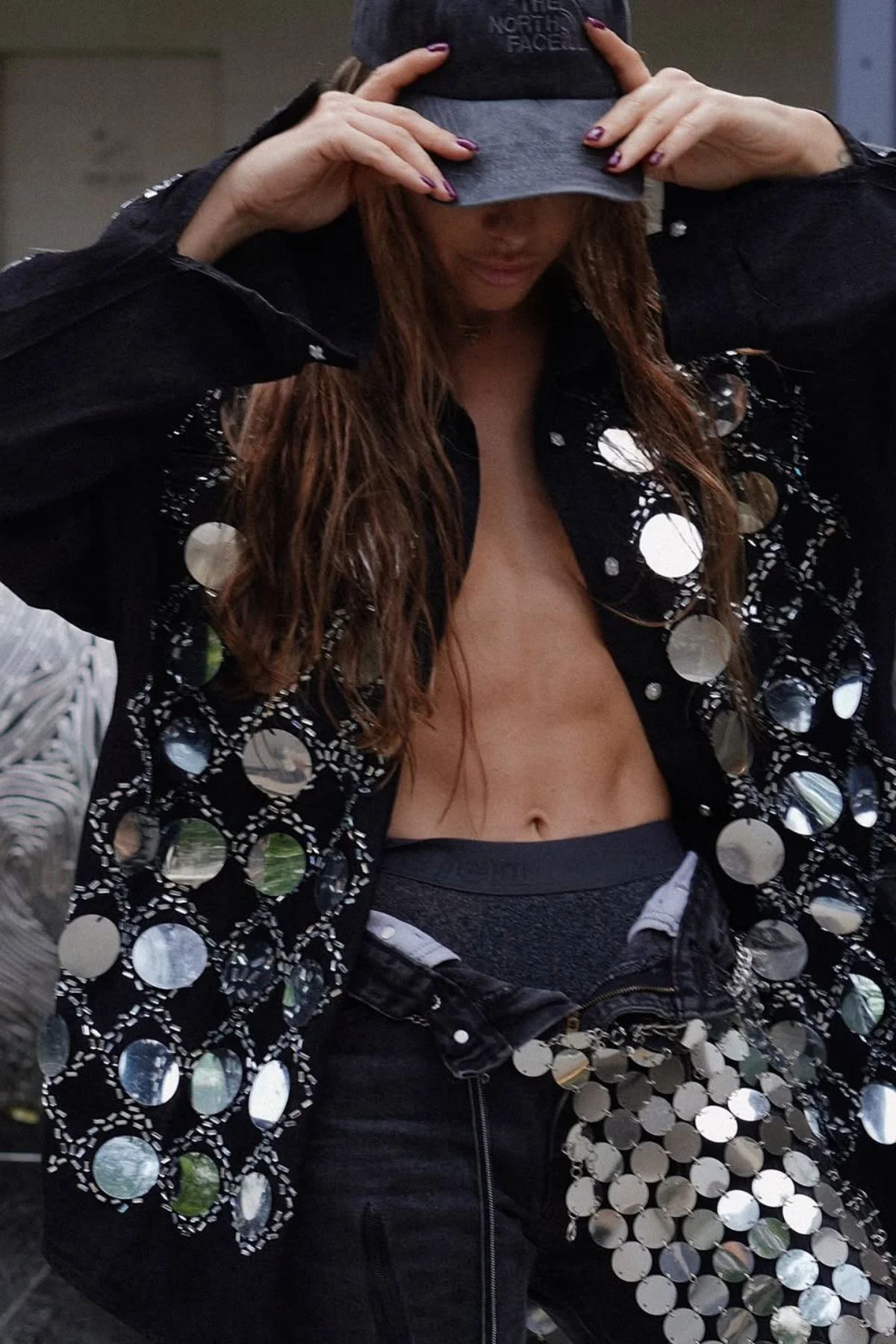 Sequin Grid Rhinestone Denim Pants Set