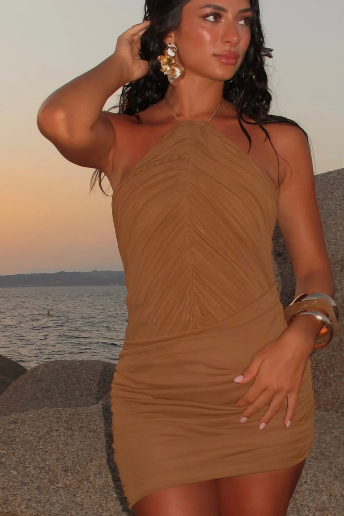 Elegant Ruch Halter Neck Mini Dress