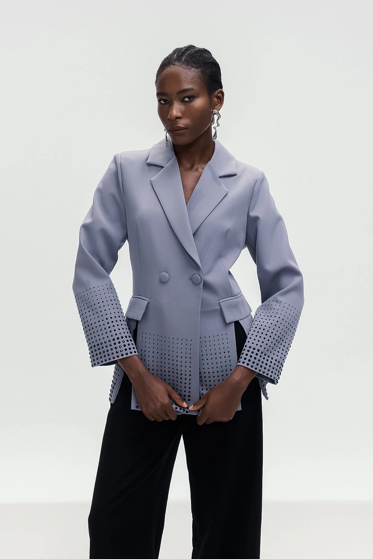 Elegant Rhinestone Split Grey Blazer