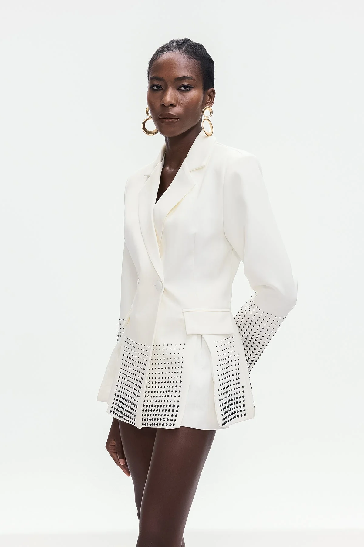 White Split Blazer with Rhinestone Accents for a Sophisticated Look