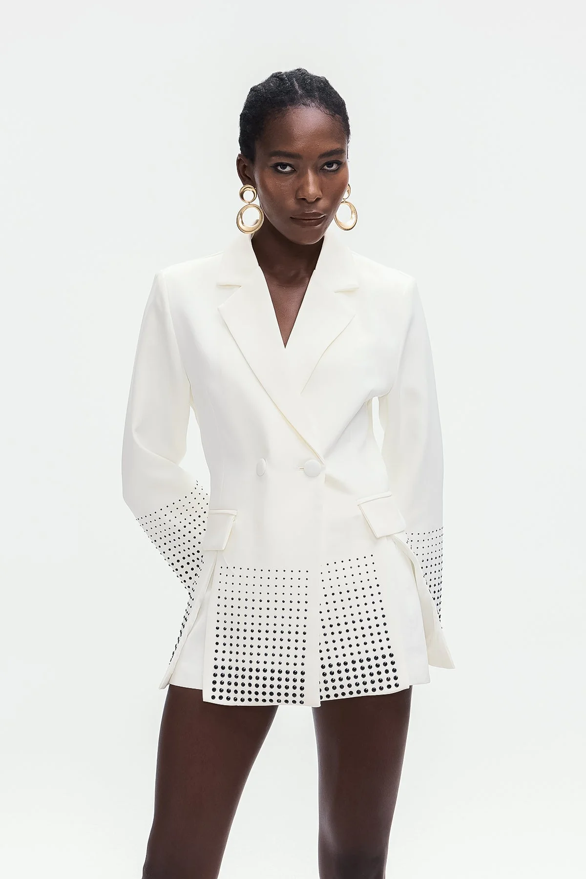 White Split Blazer with Rhinestone Accents for a Sophisticated Look