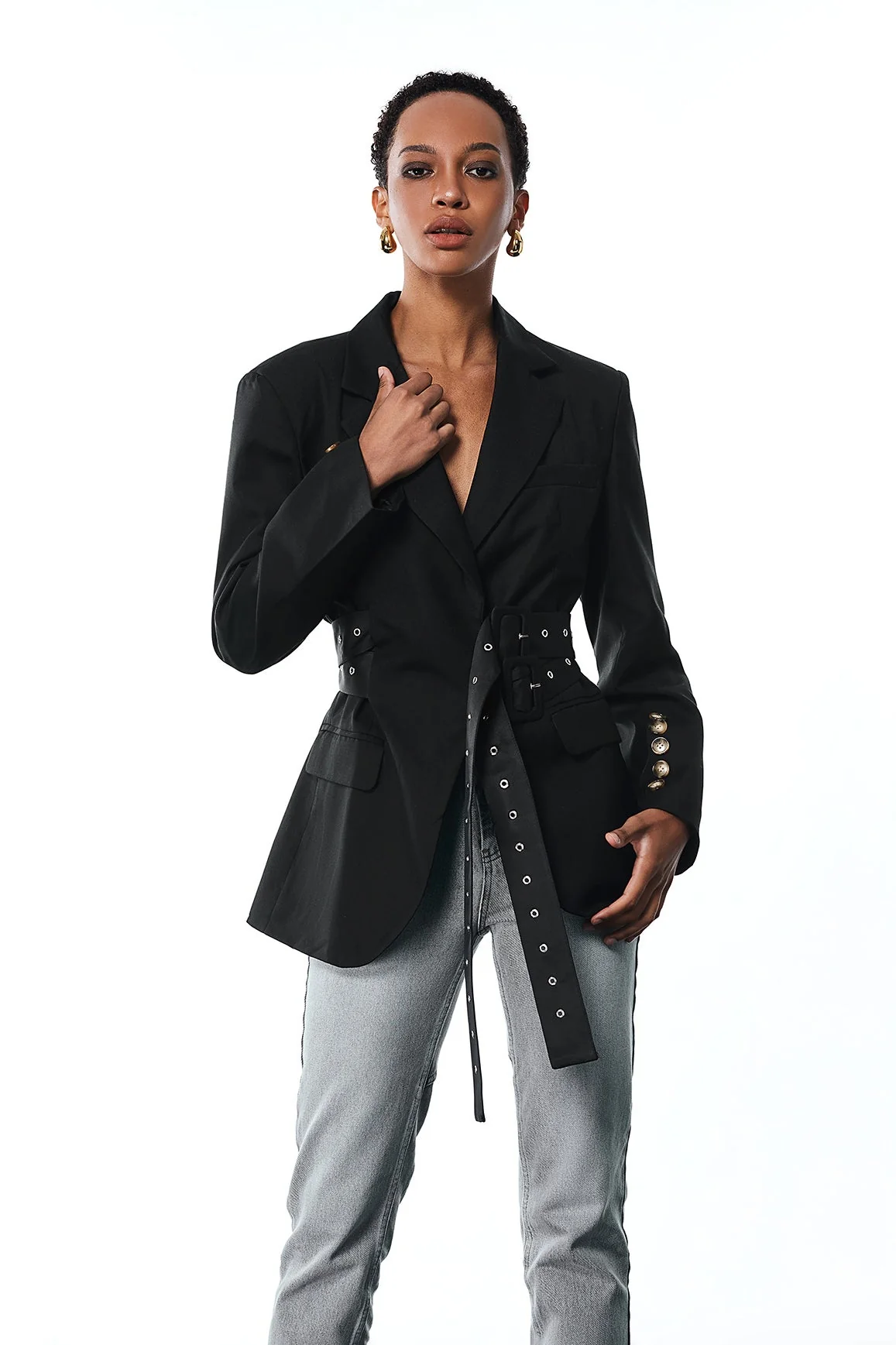 Black Buckle Lapel Blazer - Stylish Aibhne Jacket