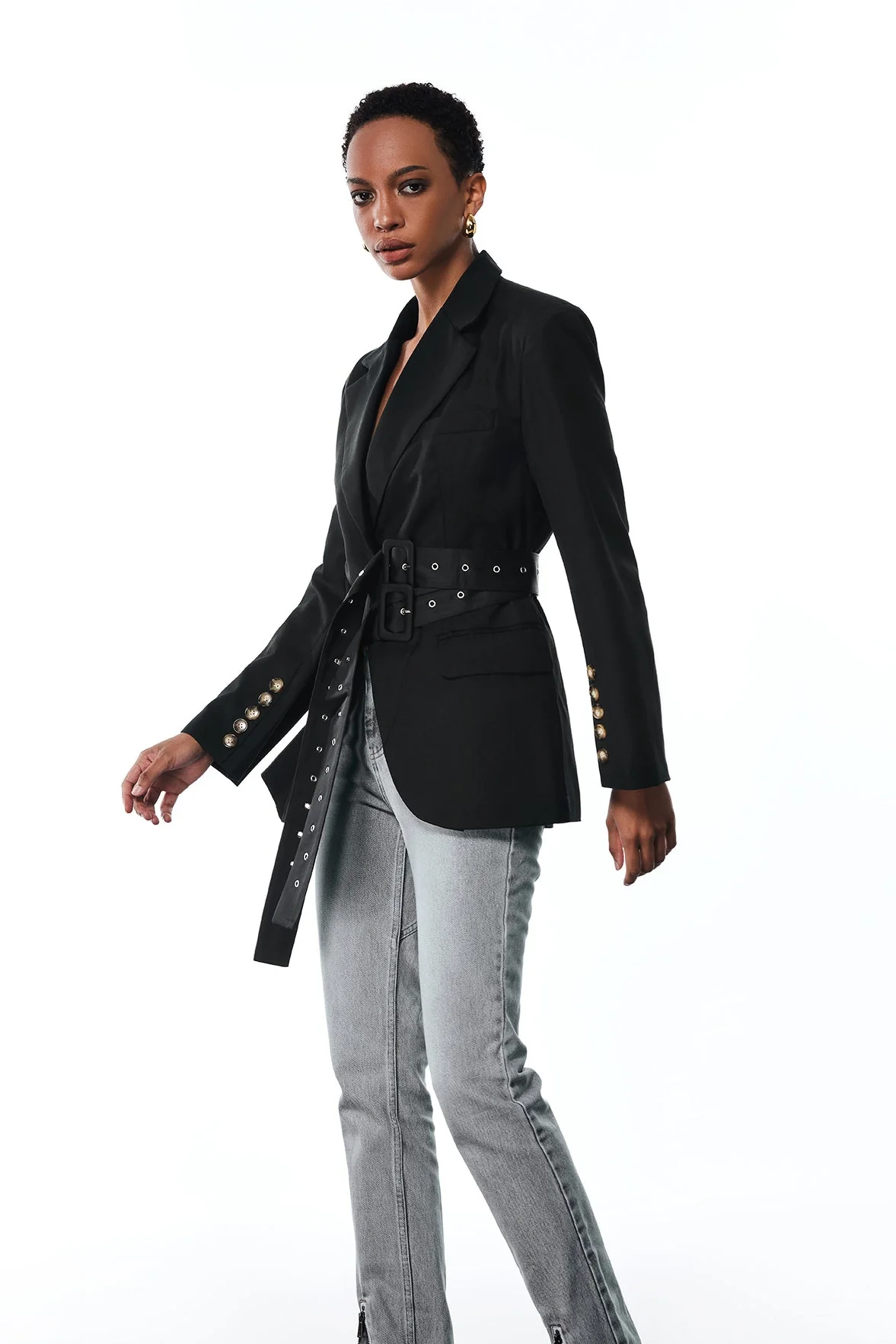 Black Buckle Lapel Blazer - Stylish Aibhne Jacket