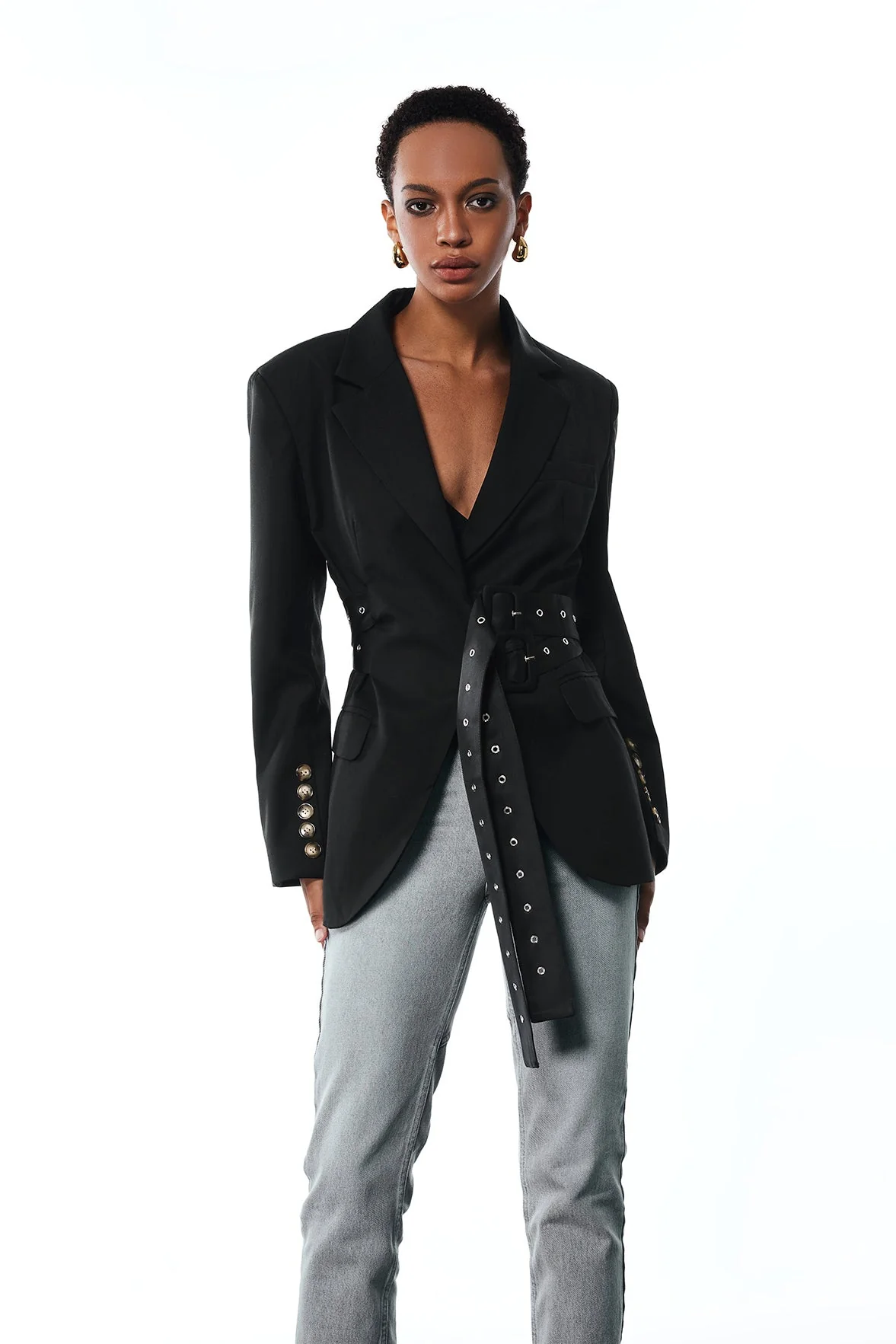 Black Buckle Lapel Blazer - Stylish Aibhne Jacket