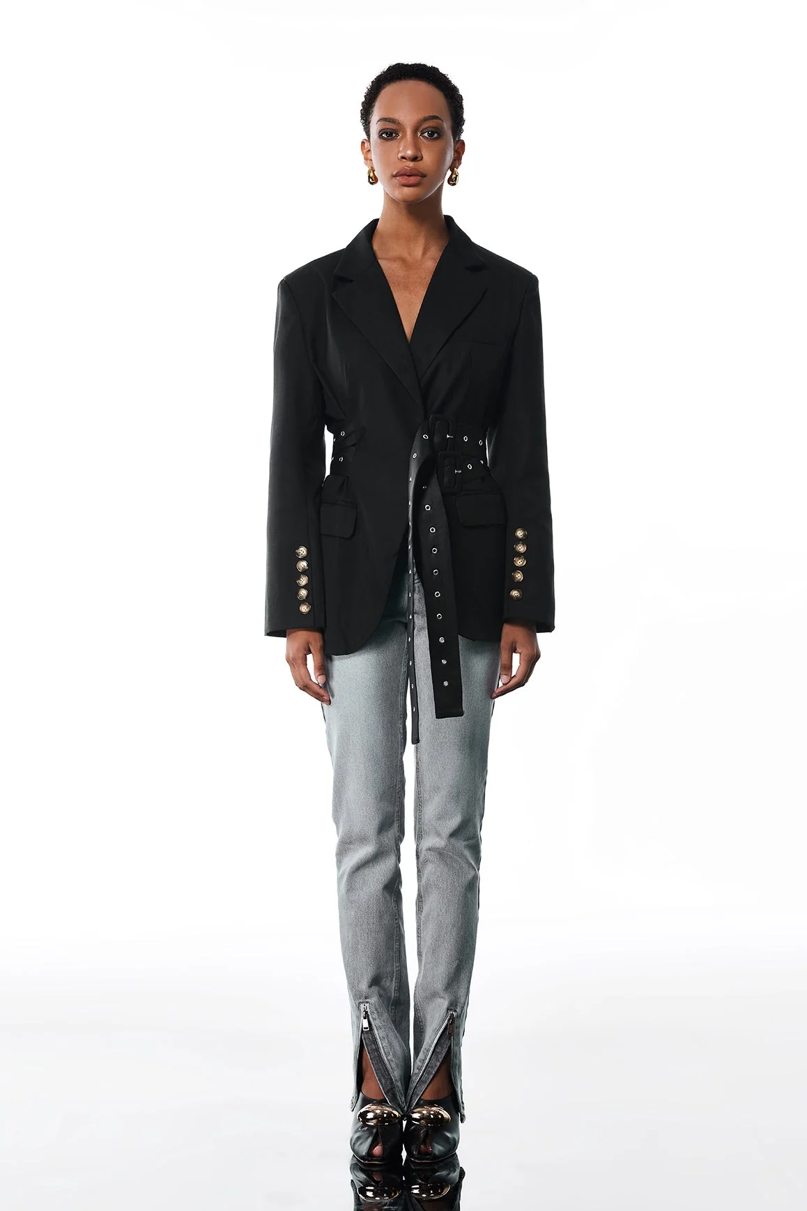 Black Buckle Lapel Blazer - Stylish Aibhne Jacket