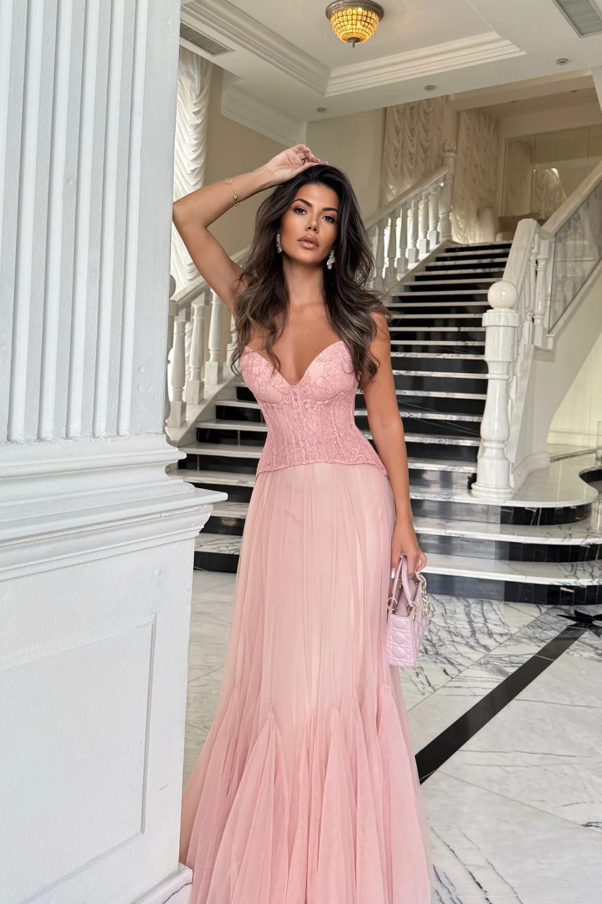 Blush Lace Corset Tulle Dress with Elegant Bodice