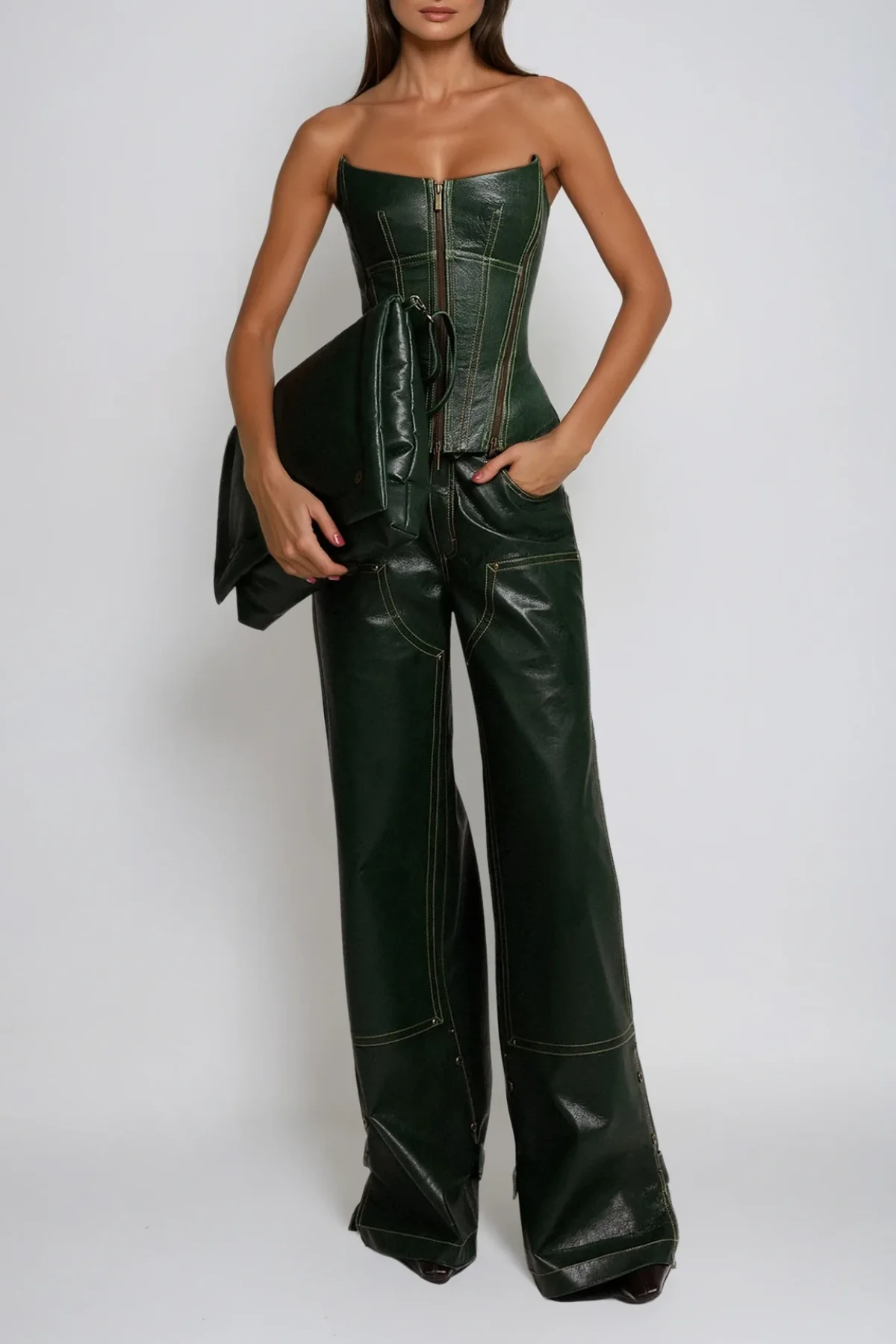 Sophisticated Leather Corset Pants Set