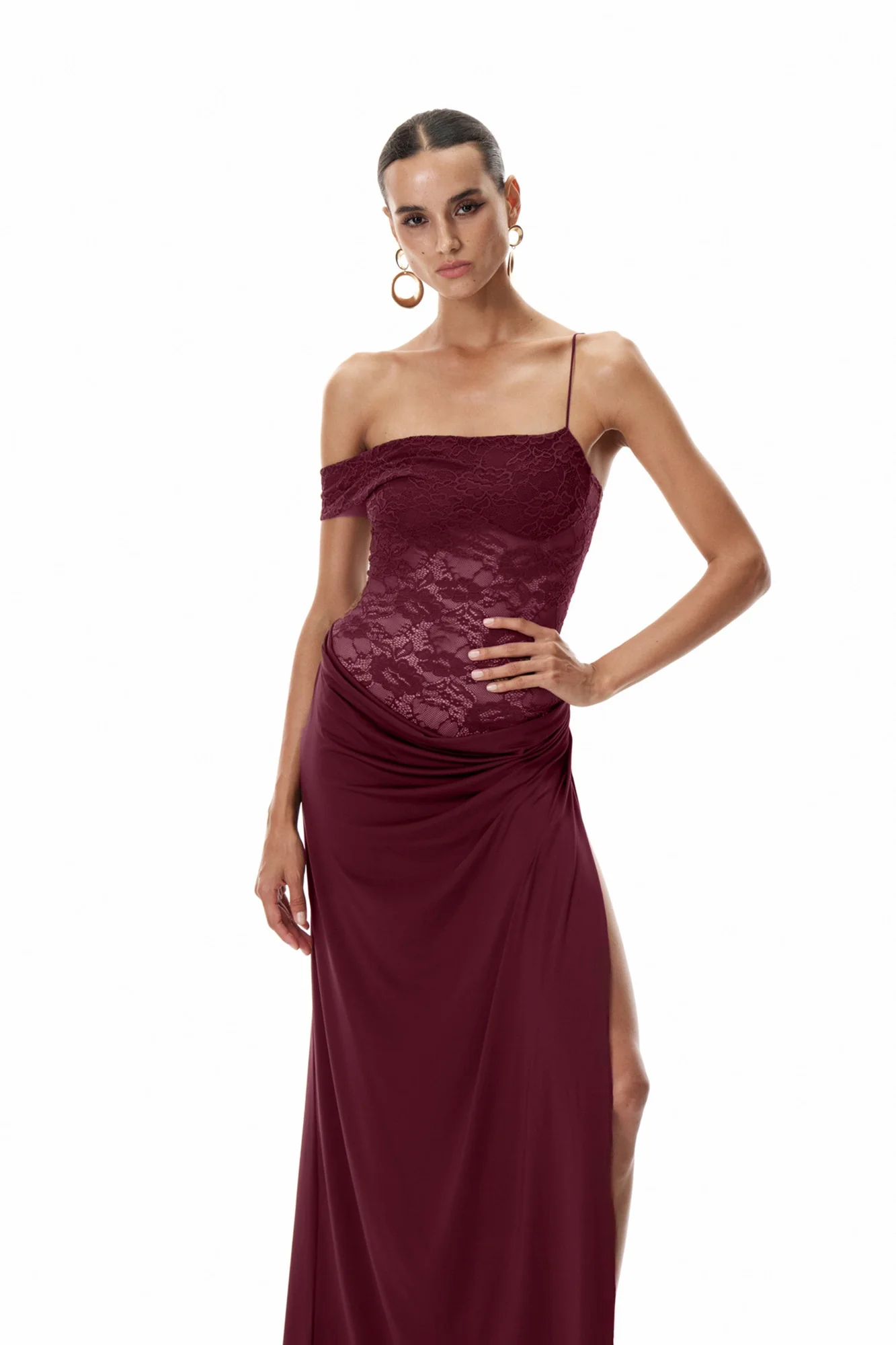 Red Lace Asymmetric Maxi Dress - Elegant Formal Evening Wear
