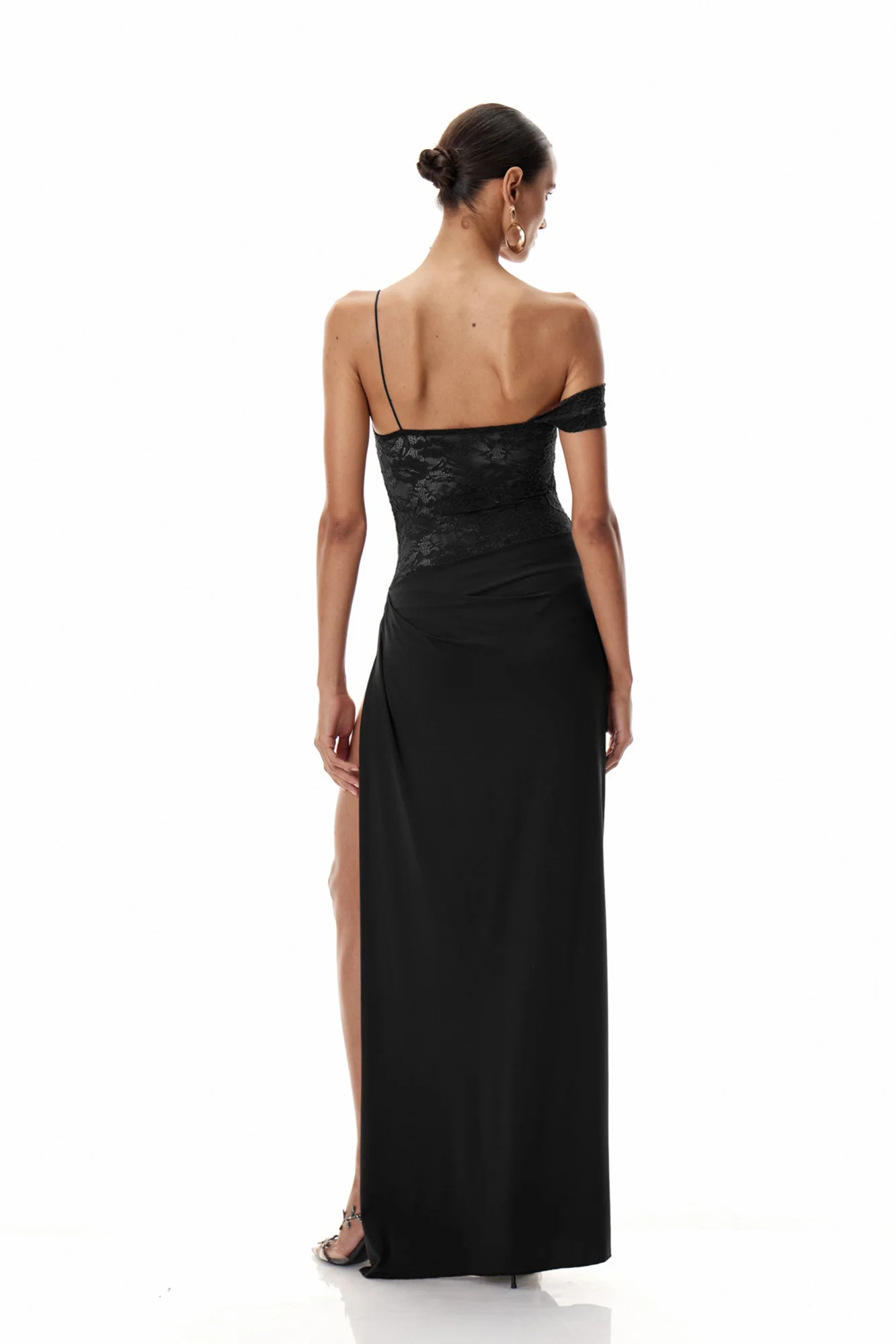 Black Lace Asymmetric Maxi Dress - Elegant & Refined Style