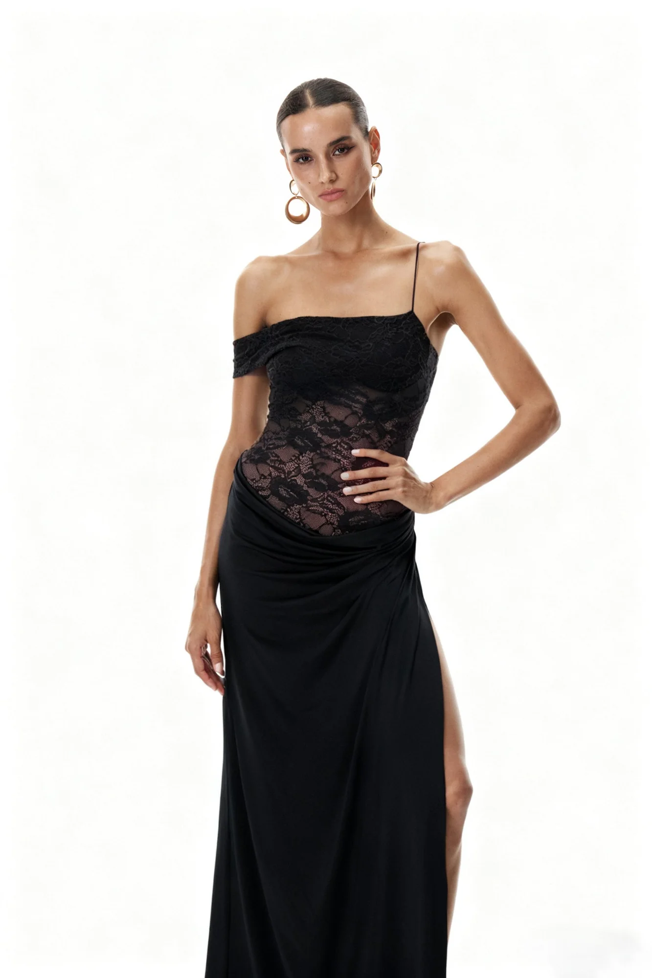 Black Lace Asymmetric Maxi Dress - Elegant & Refined Style