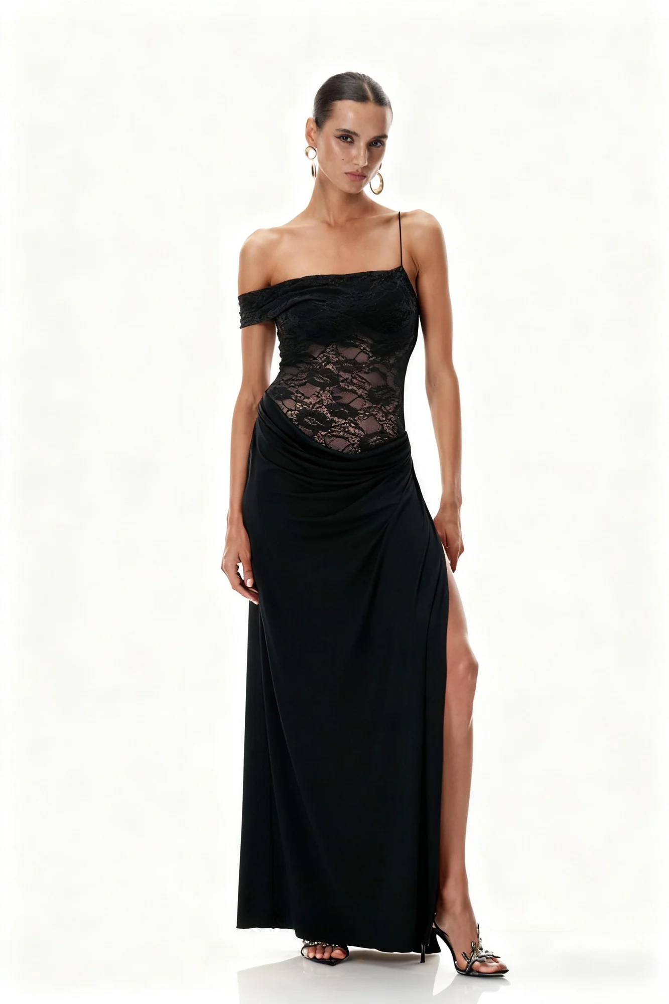 Black Lace Asymmetric Maxi Dress - Elegant & Refined Style