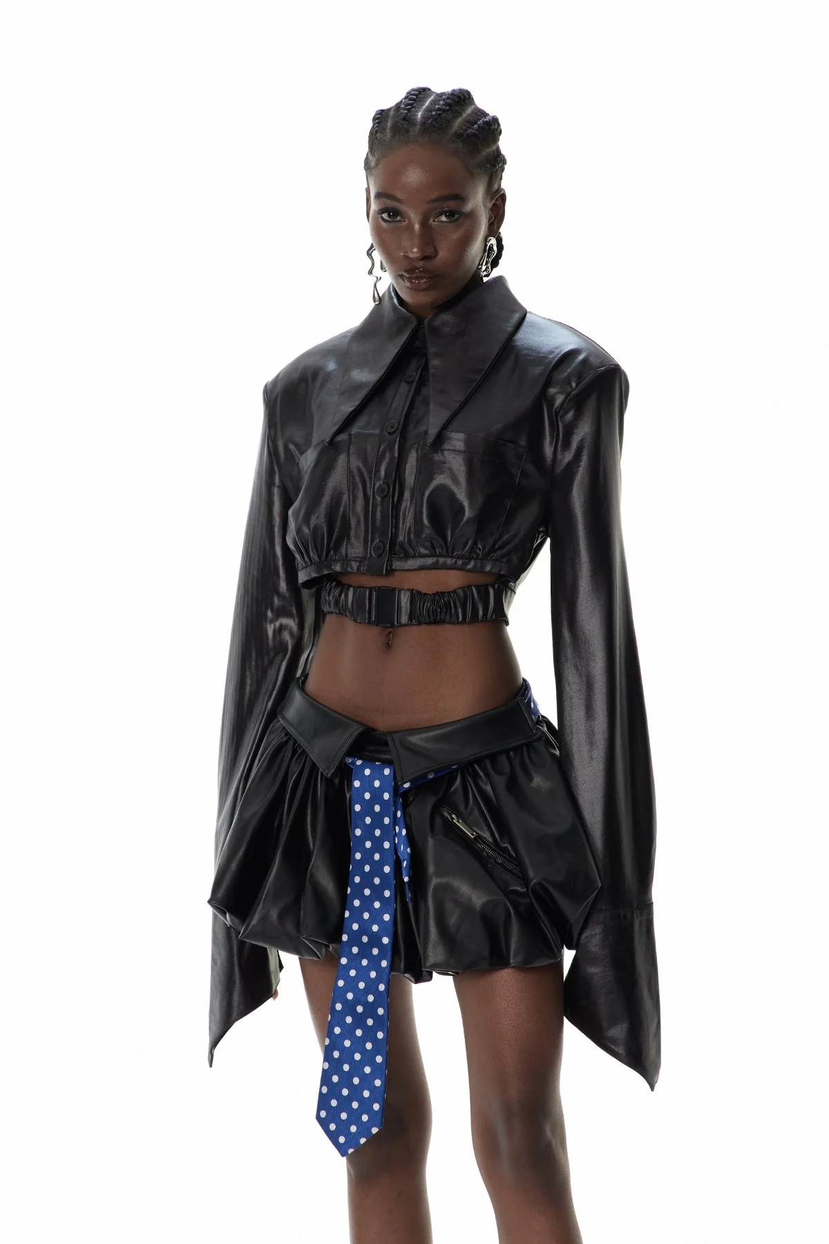 Black Satin Cropped Shirt - Elegant Urban Edge Style