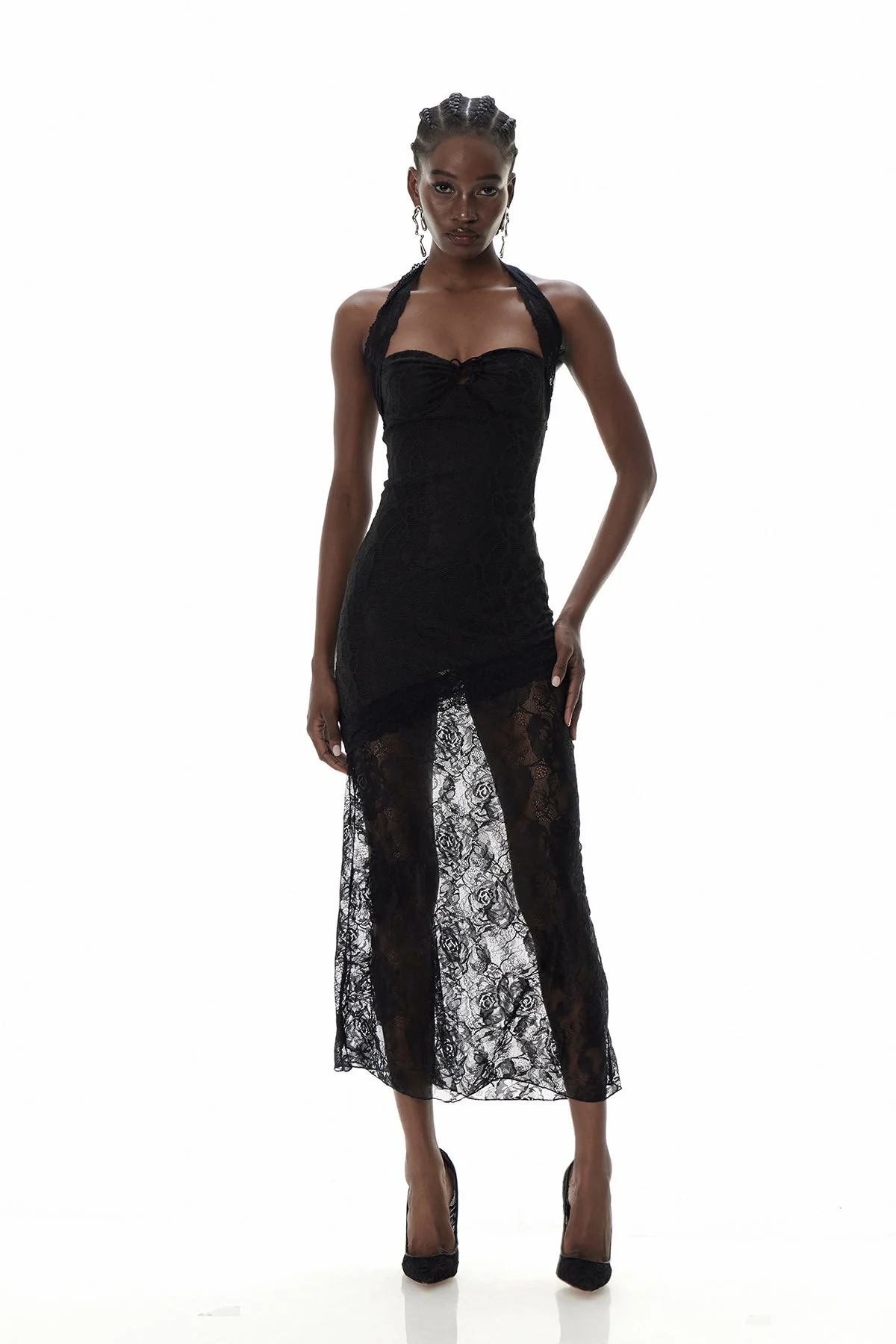 Black Lace Halter Maxi Dress for Elegant Occasions