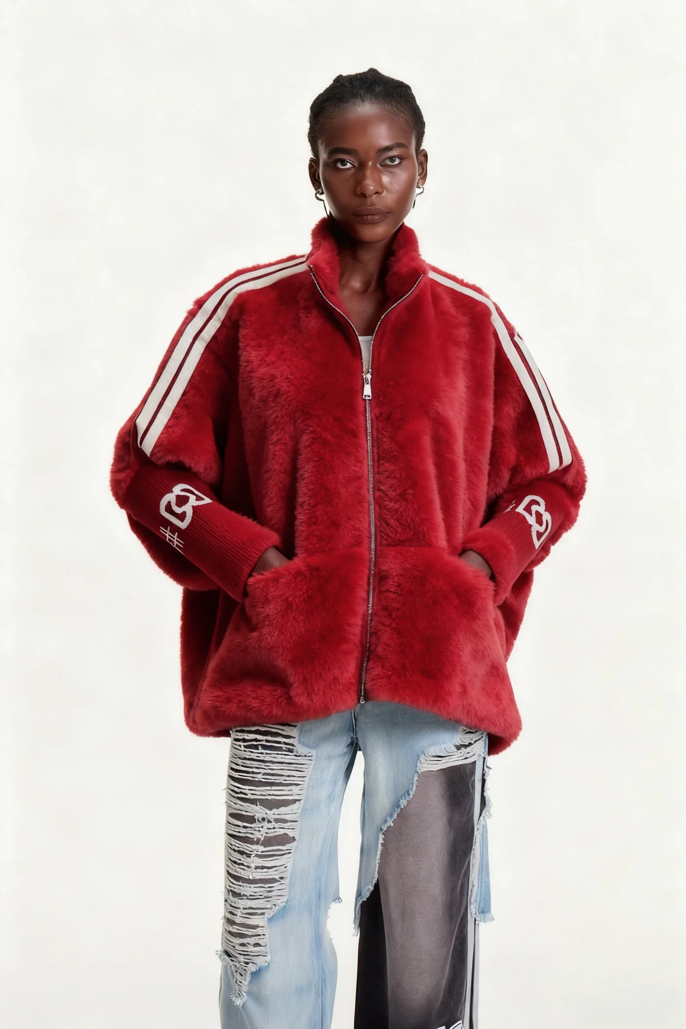 Red Faux Fur Stand Collar Jacket