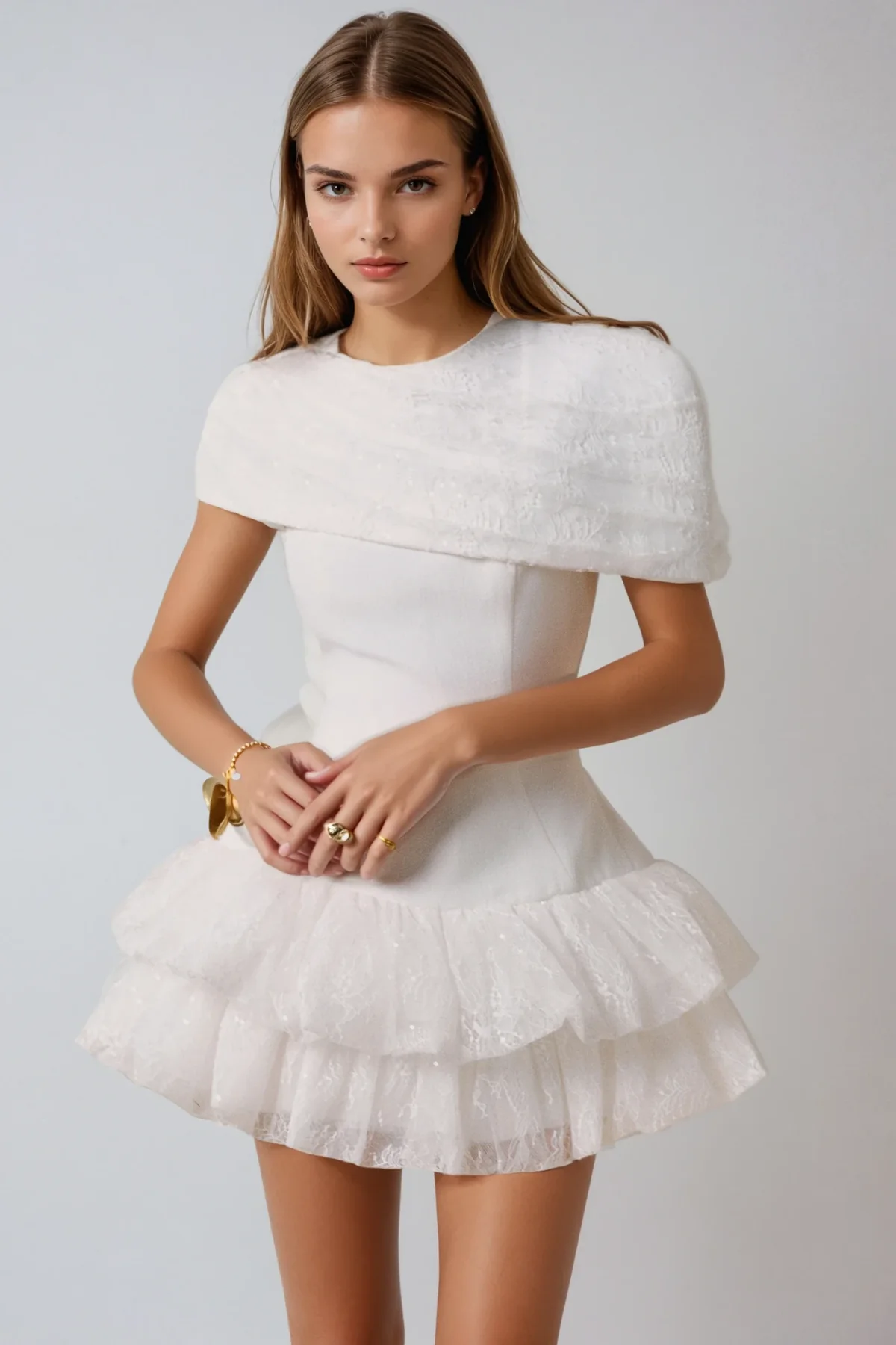 White Lace Ruffle Mini Dress with Shawl Collar