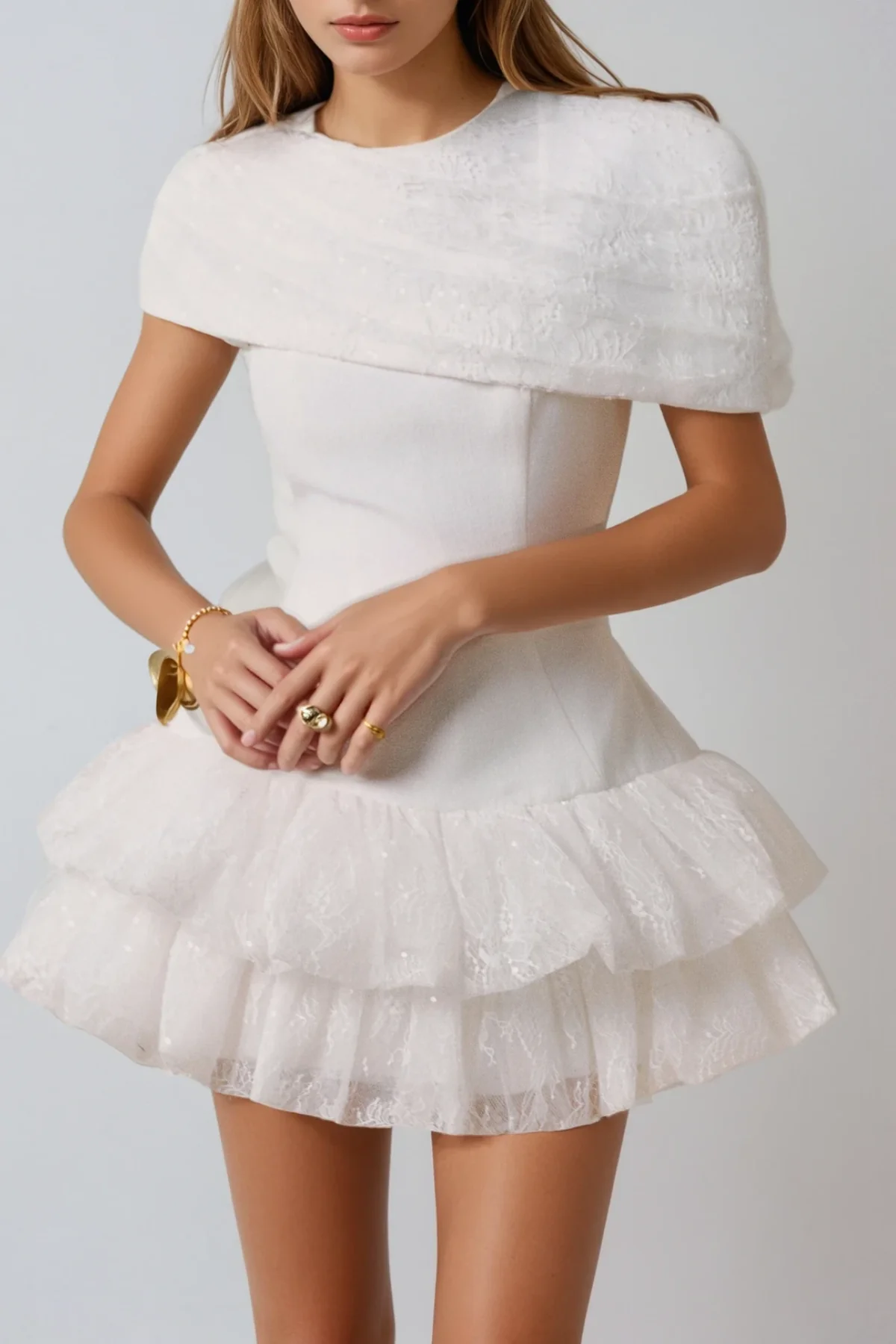White Lace Ruffle Mini Dress with Shawl Collar