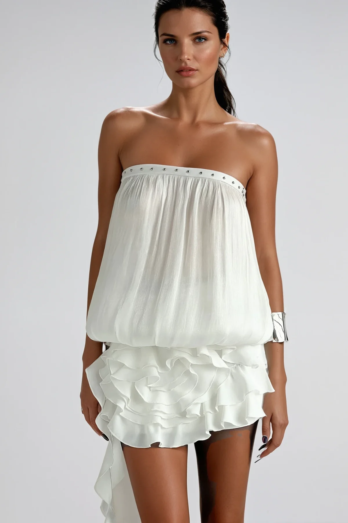White Strapless Ruffle Mini Dress Elegant Design