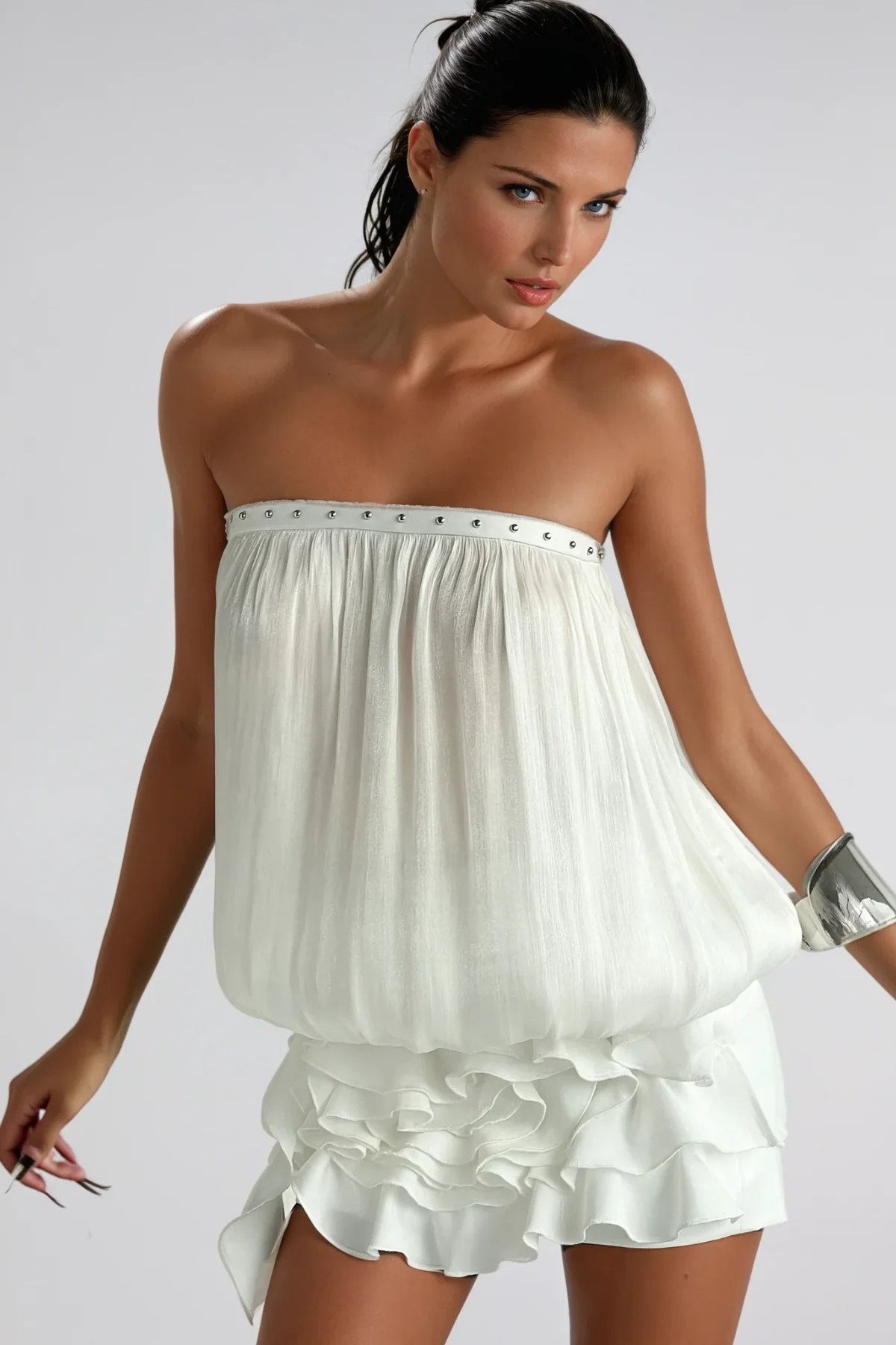 White Strapless Ruffle Mini Dress Elegant Design