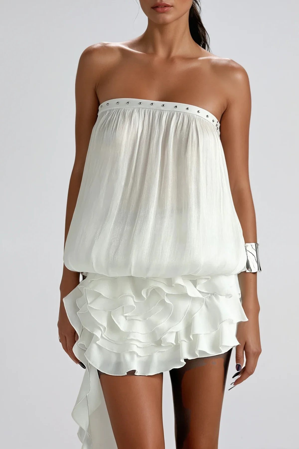 White Strapless Ruffle Mini Dress Elegant Design