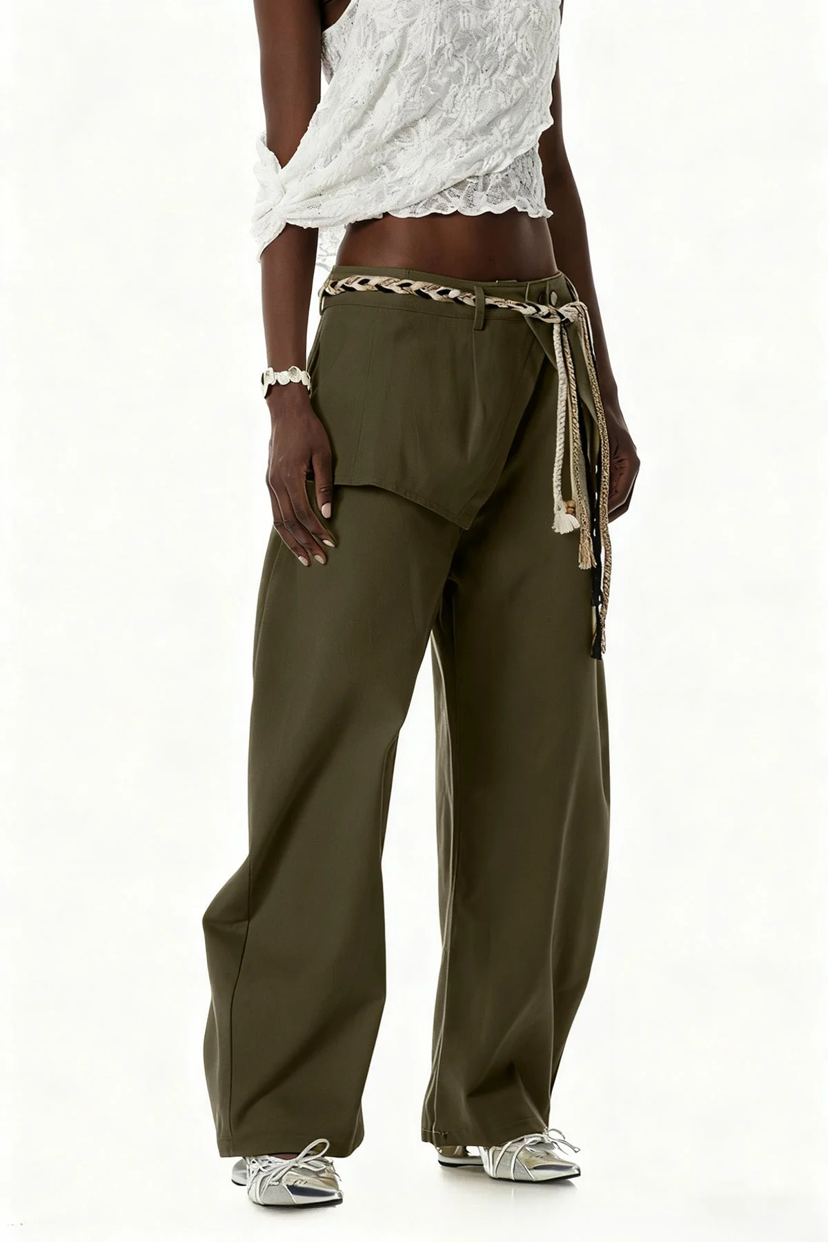Green Deconstructed Baggy Pants for Urban Edge Style