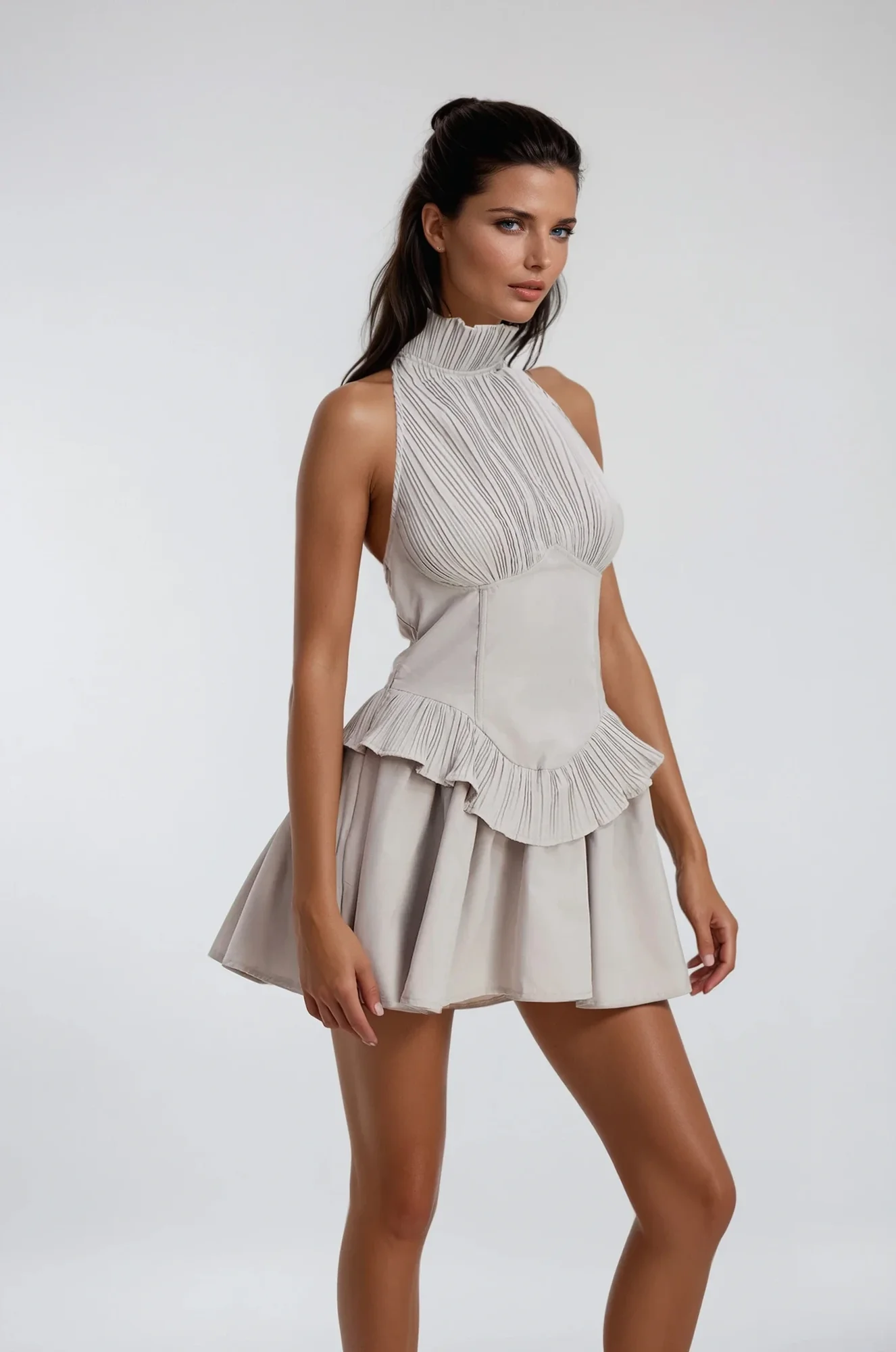Grey Halter Neck Ruffle Mini Dress