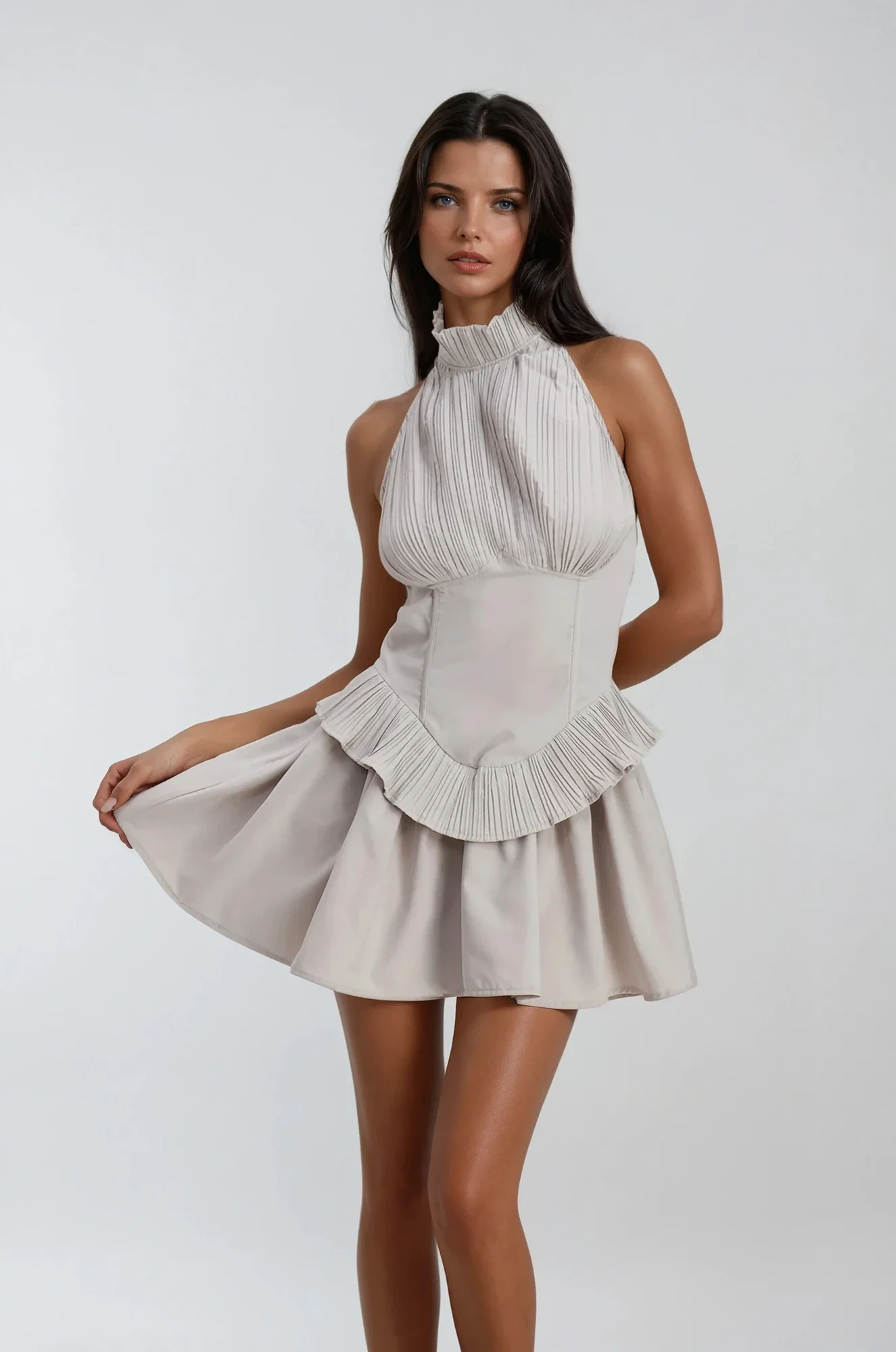 Grey Halter Neck Ruffle Mini Dress