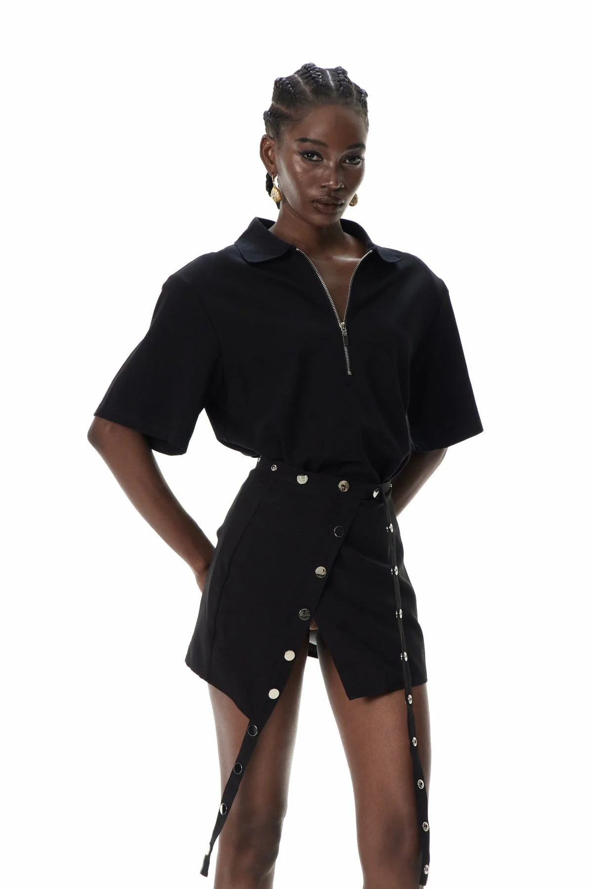 Black Deconstruct Skirt Set with Lapel Embellishments