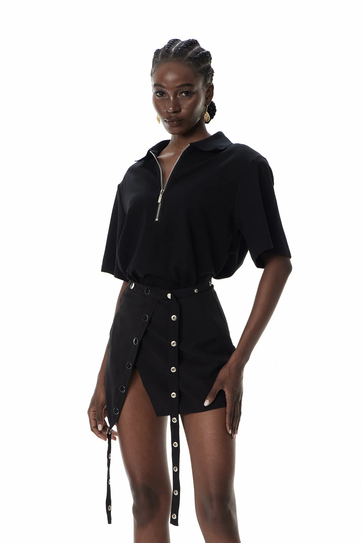 Black Deconstruct Skirt Set with Lapel Embellishments