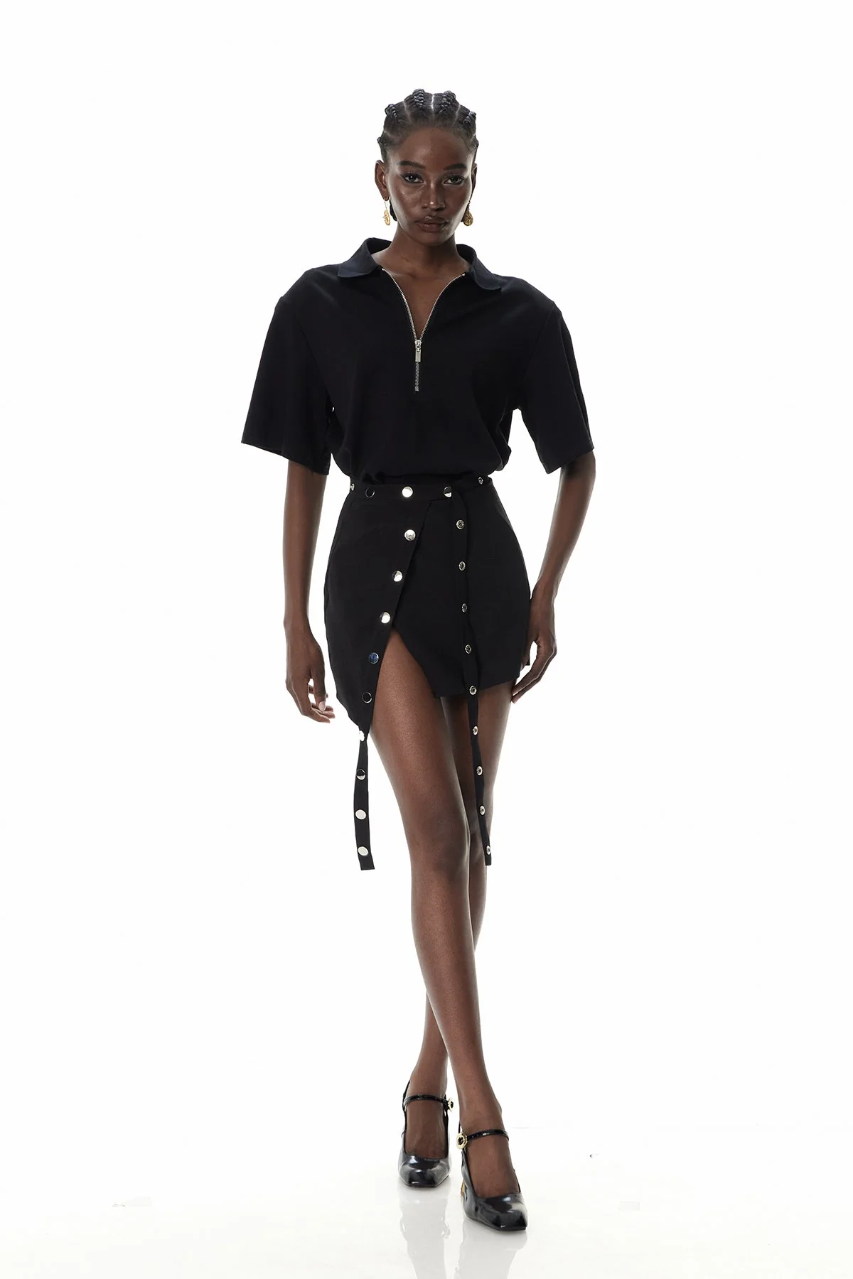 Black Deconstruct Skirt Set with Lapel Embellishments