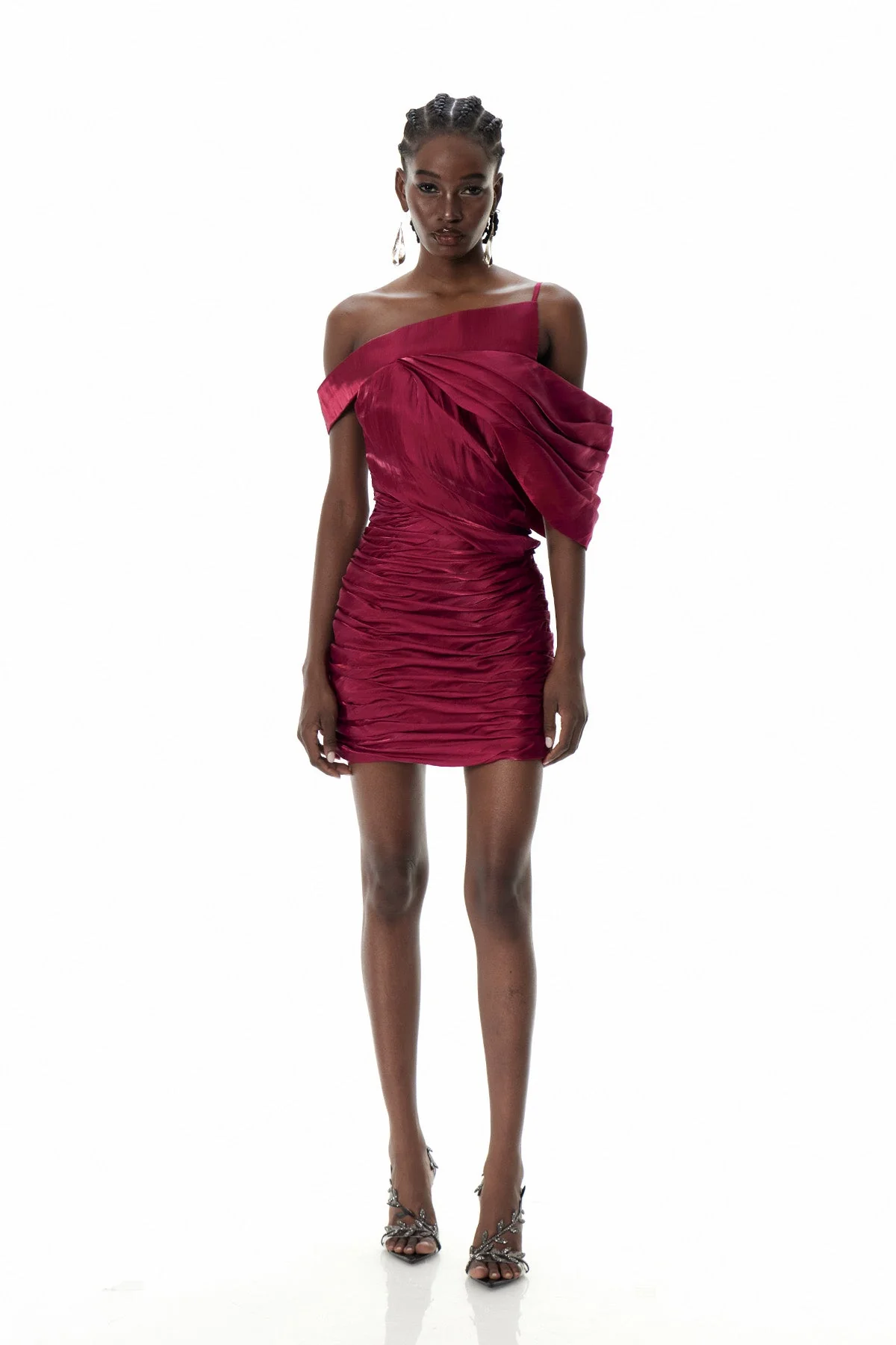 Red Asymmetric Ruched Mini Dress - Elegant One Shoulder Style