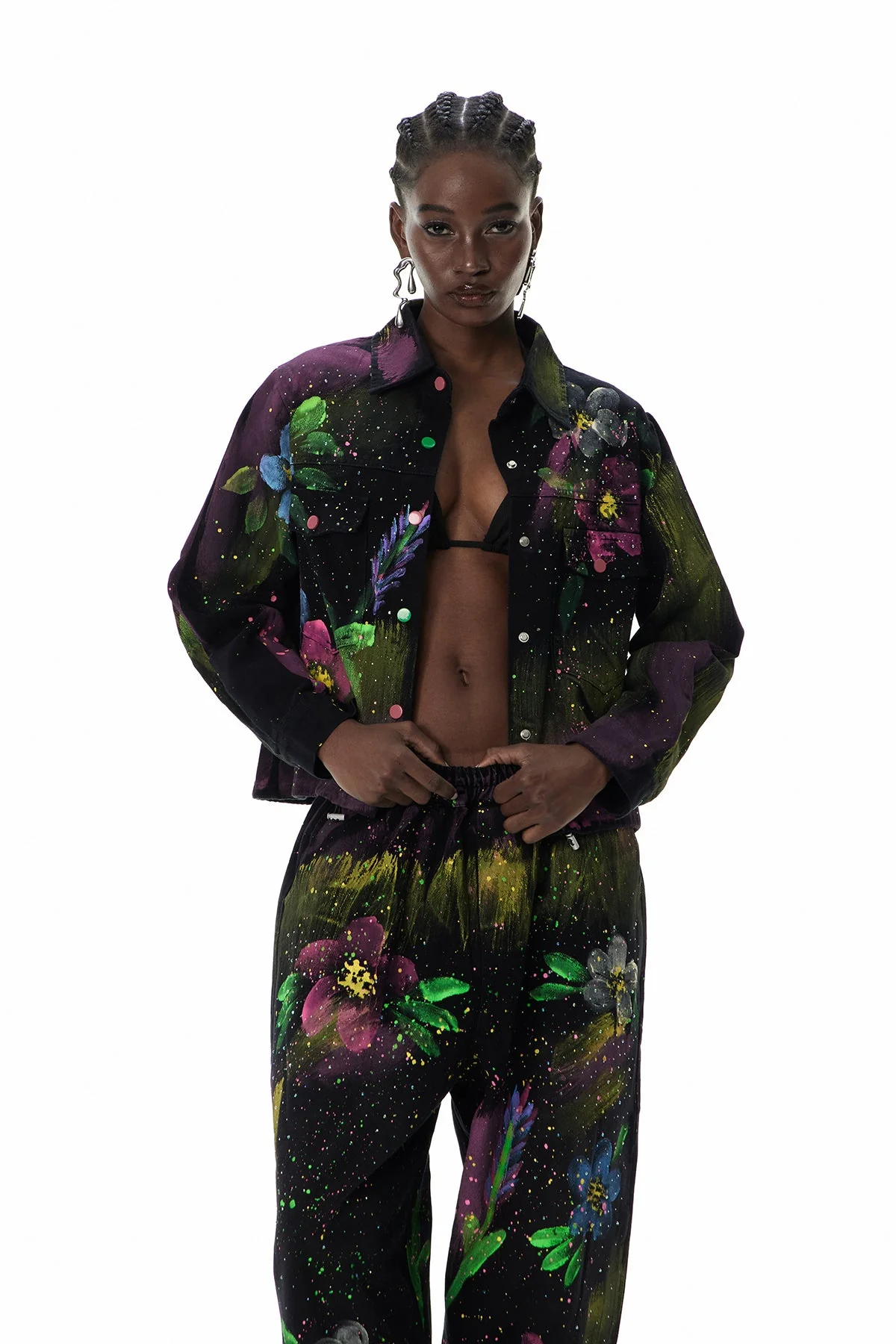 Floral Denim Jacket with Graffiti Details