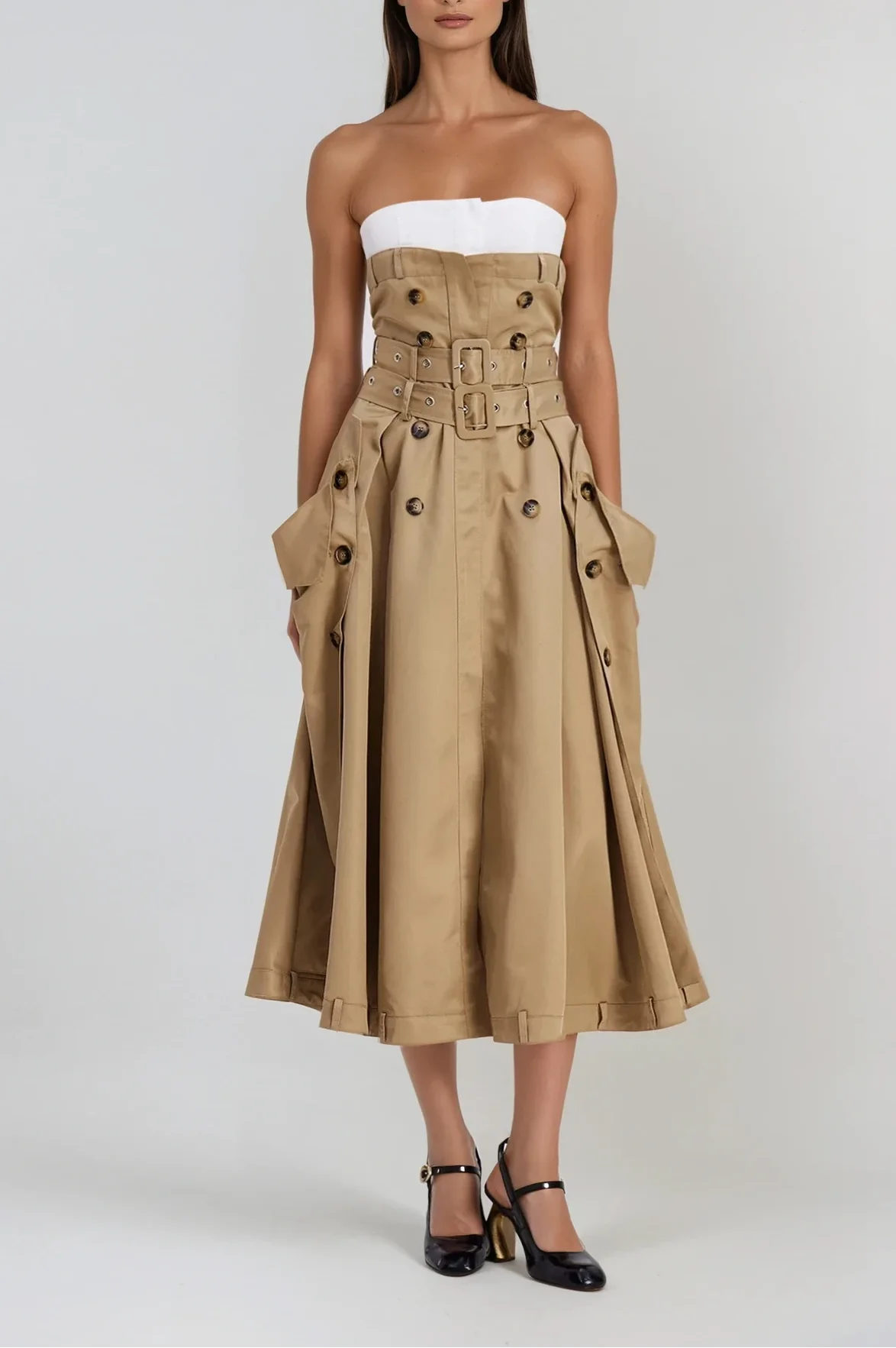 Khaki Strapless Maxi Dress with Adjustable Buckle Detail