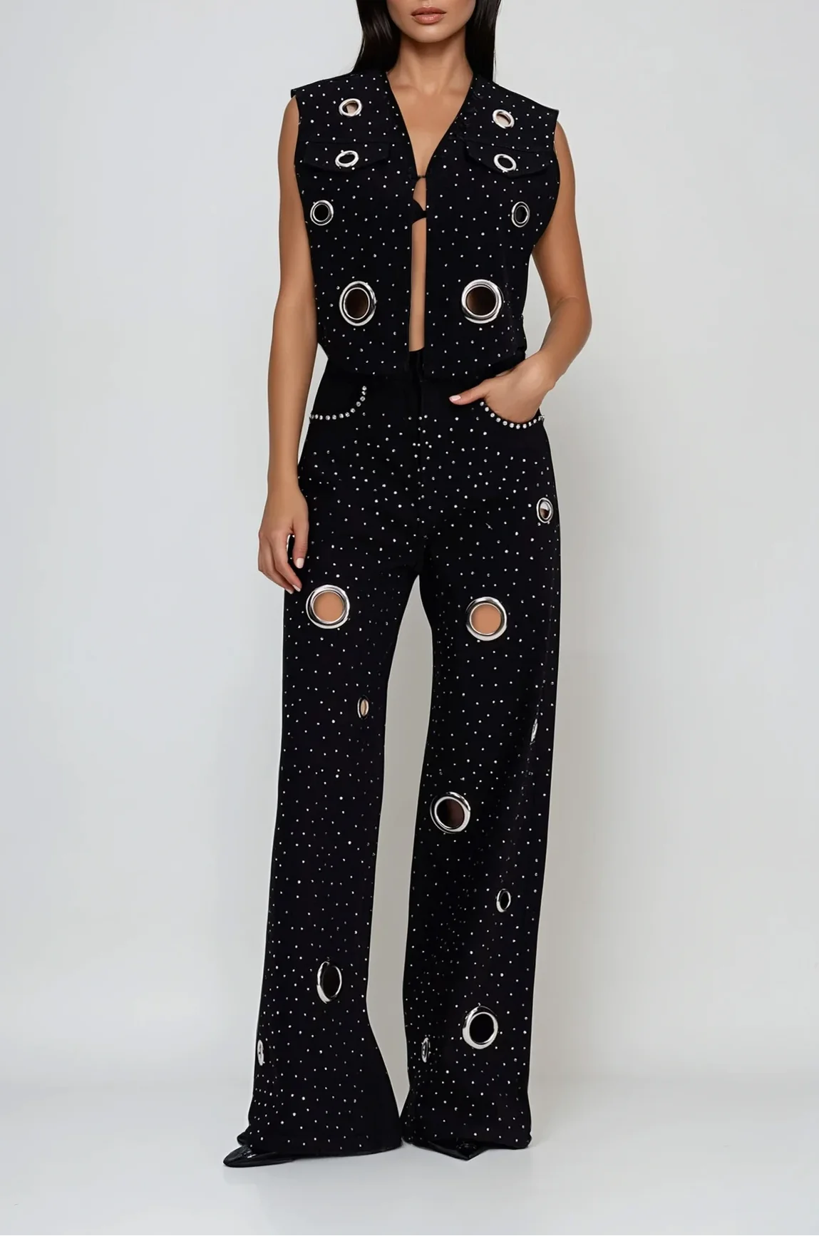 Cutout Denim Pants Set in Black - Stylish Denim Wear