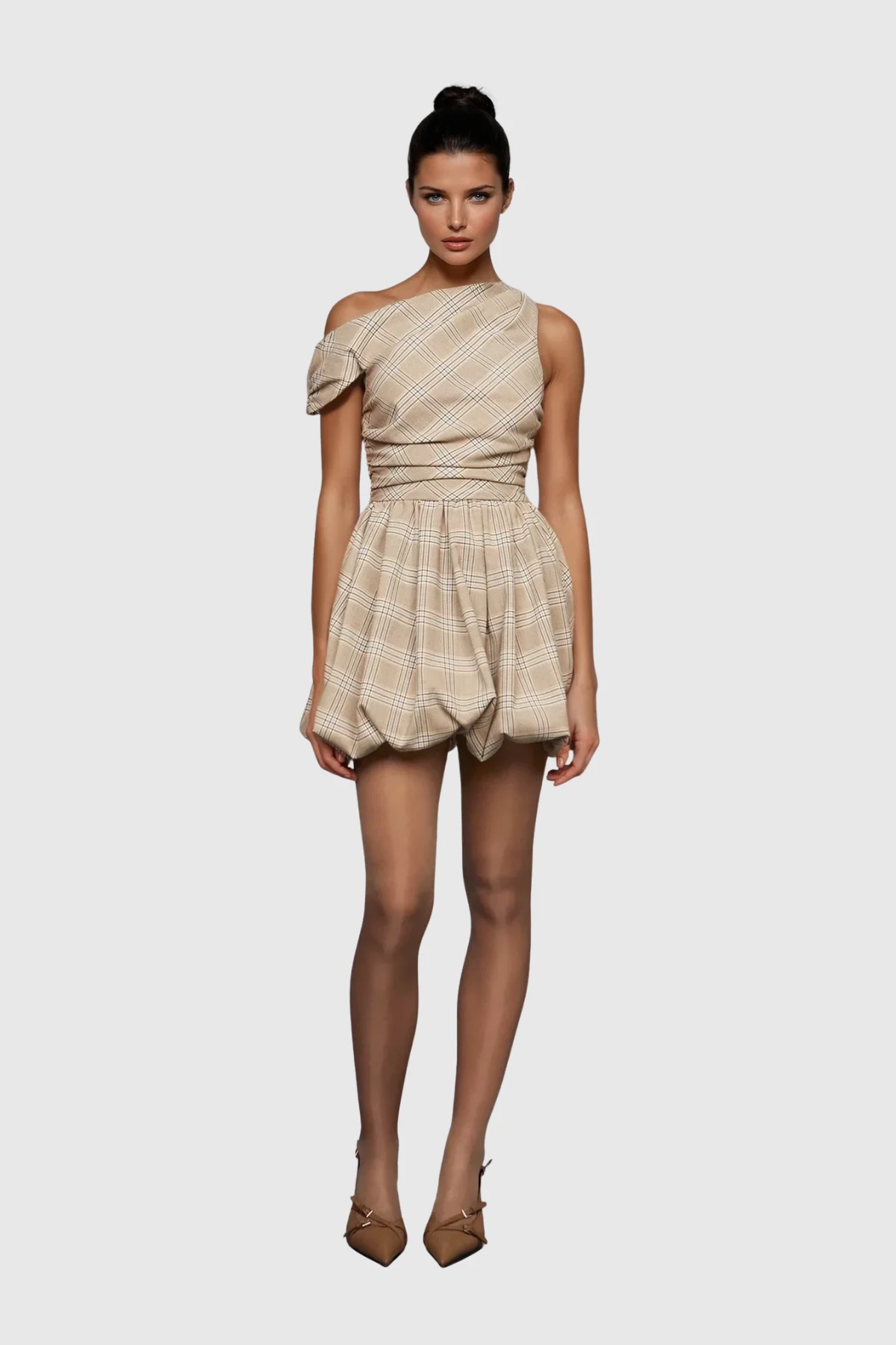 Grid Pattern One Shoulder Mini Dress - Elegant Style