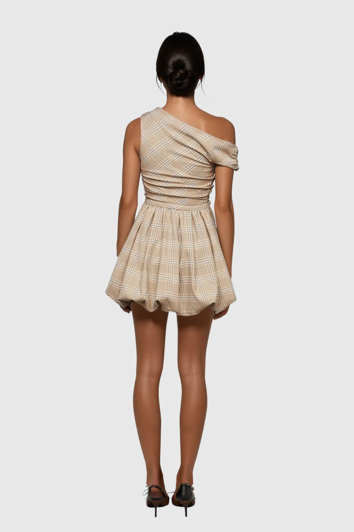 Grid Pattern One Shoulder Mini Dress - Elegant Style