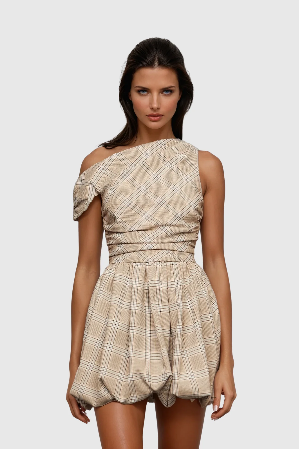 Grid Pattern One Shoulder Mini Dress - Elegant Style