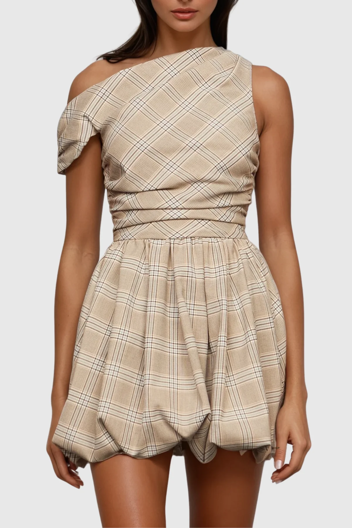Grid Pattern One Shoulder Mini Dress - Elegant Style