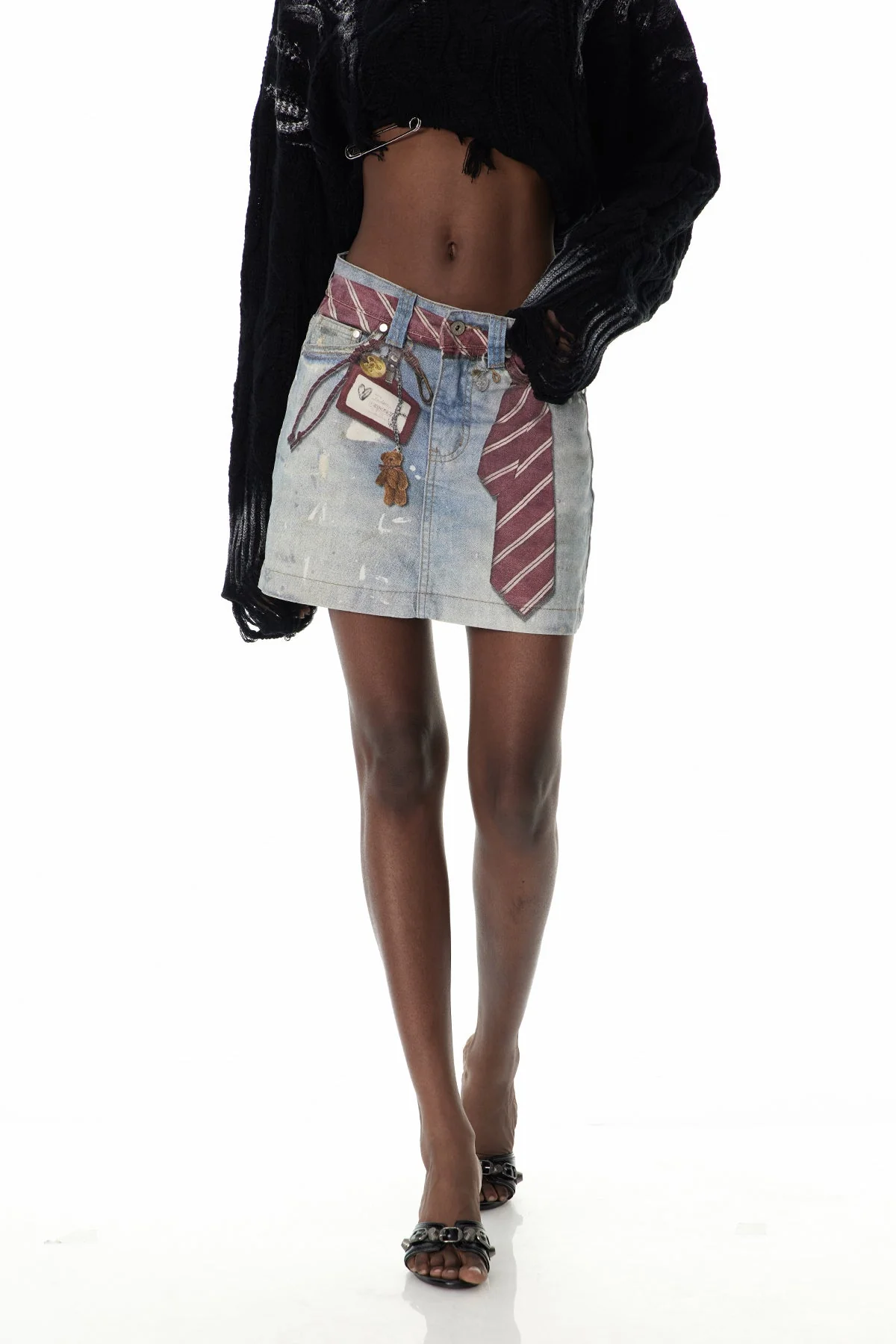 Blue Printed Denim Mini Skirt