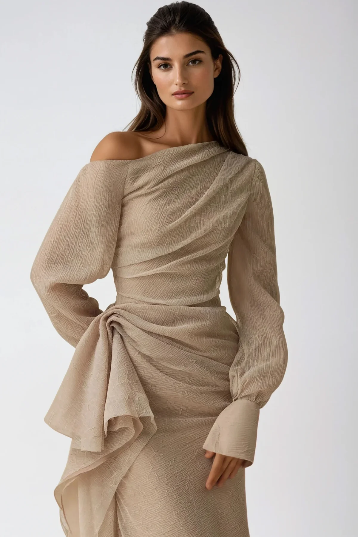 Chic Asymmetric Ruched Maxi Dress in Khaki