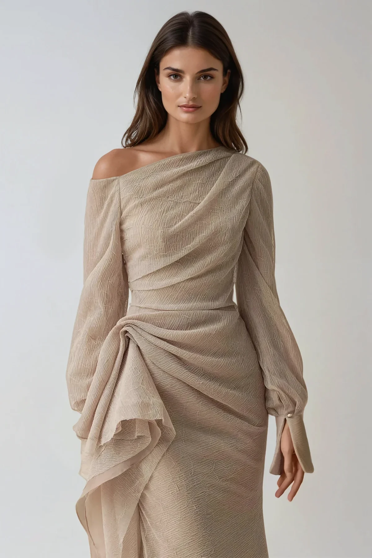 Chic Asymmetric Ruched Maxi Dress in Khaki