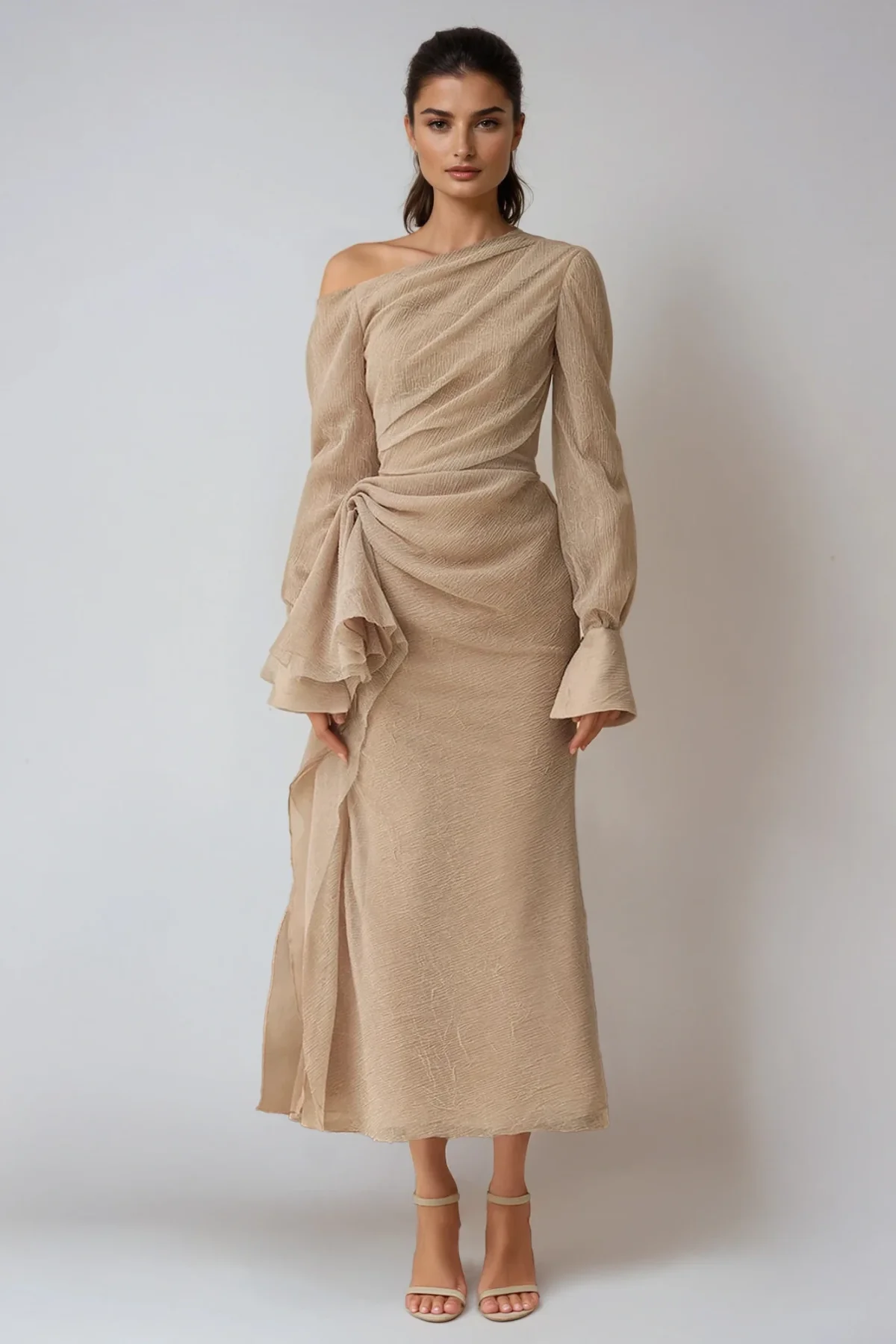 Chic Asymmetric Ruched Maxi Dress in Khaki