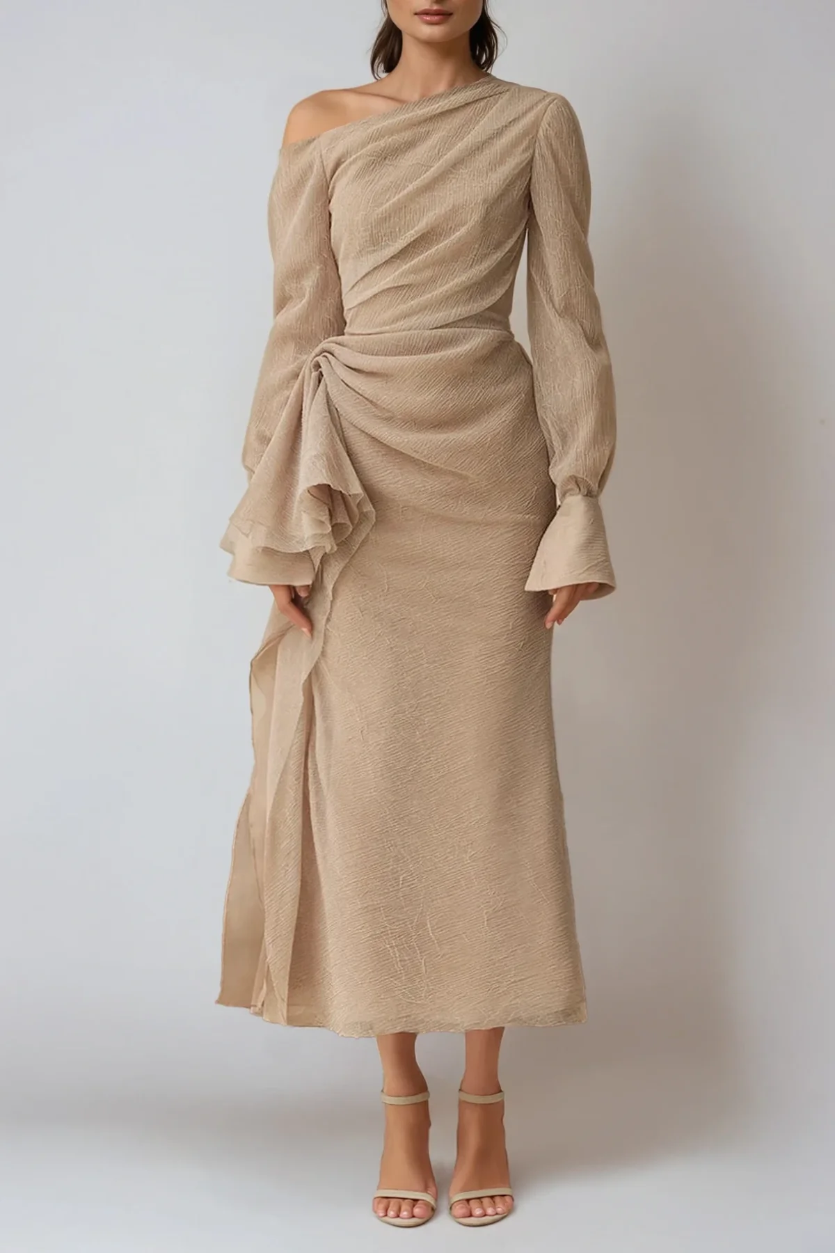 Chic Asymmetric Ruched Maxi Dress in Khaki
