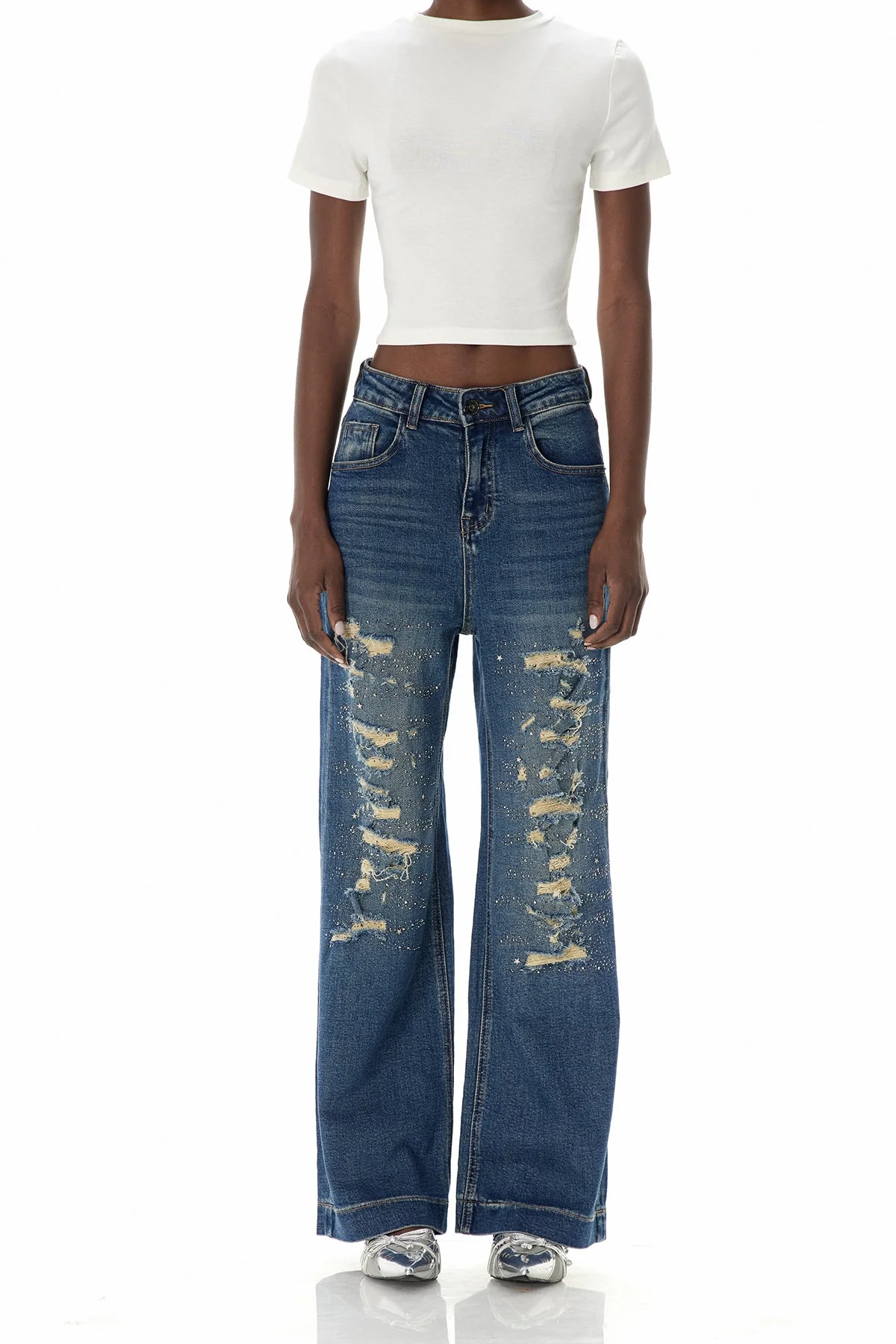 Rhinestone Embellished Blue Jeans