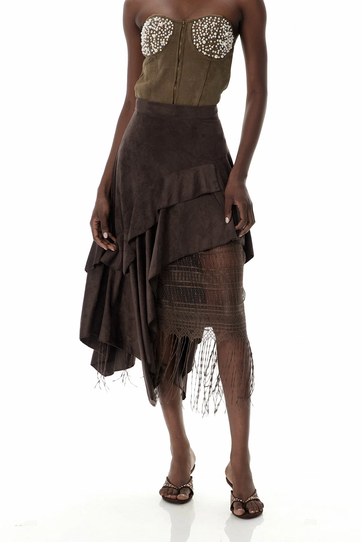 Brown Suede Maxi Skirt with Ruffle Lace Detailing
