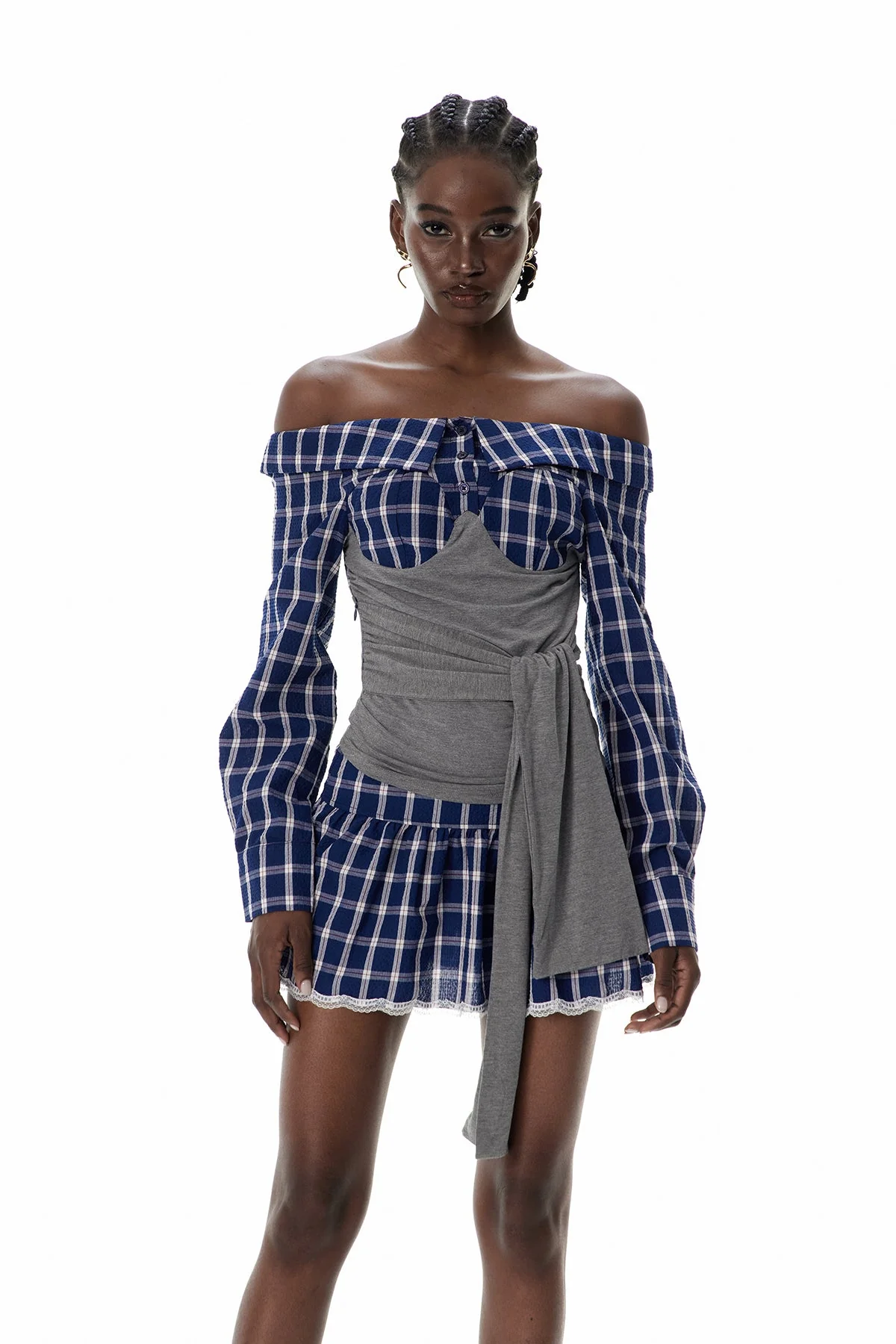 Blue Grid Tie Up Skirt Set - Chic Coordination for Every Occasion