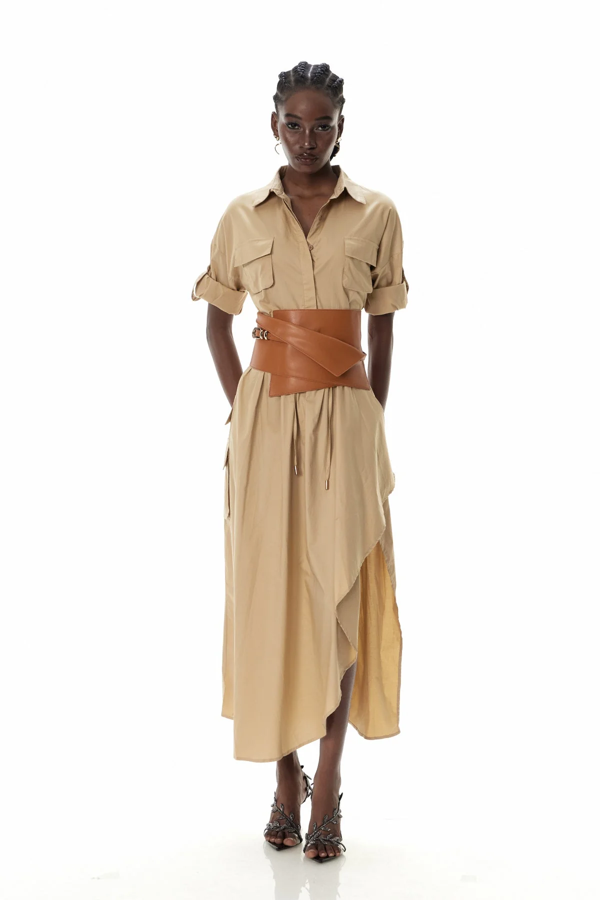 Elegant Ruched Maxi Dress in Khaki | Chic Evening Wear