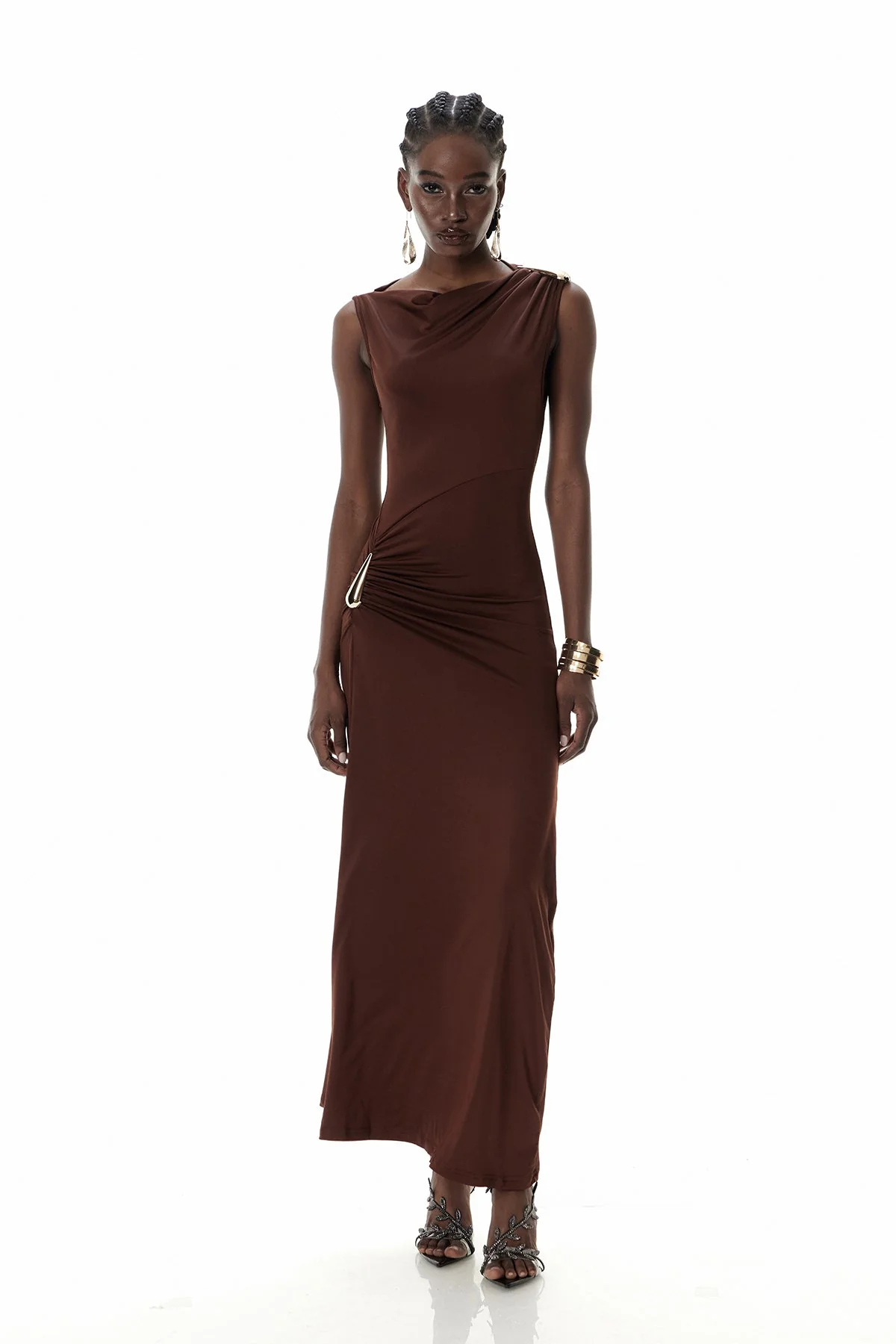 Sleeveless Ruched Maxi Dress in Brown | Elegant & Versatile Style