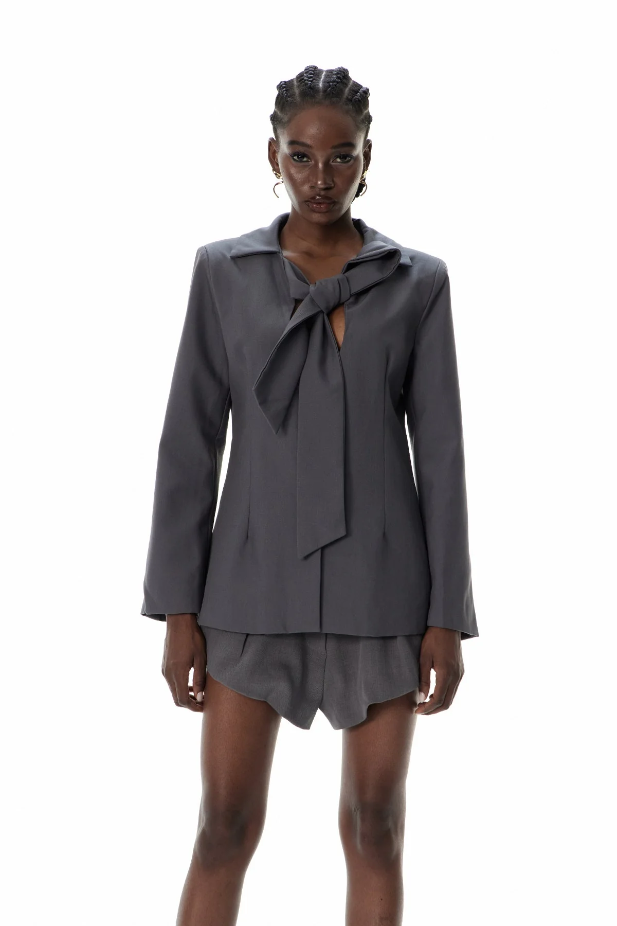 Elegant Grey Lace Up V Neck Blazer for Women