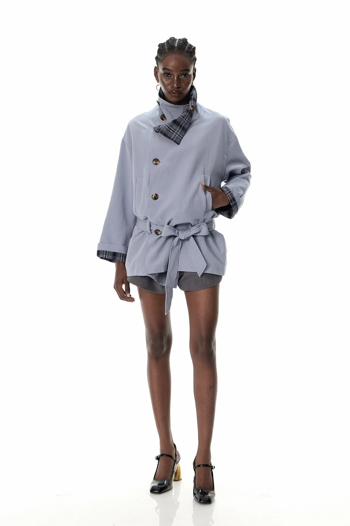 Grid Pattern Stand Collar Jacket - Versatile Modern Design